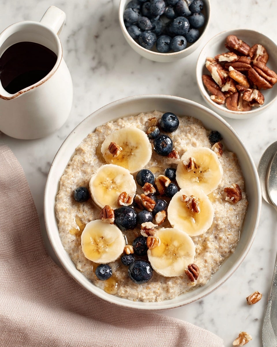 A bowl filled with creamy oatmeal forms the base layer, topped with evenly arranged slices of yellow banana and plump, dark blue blueberries scattered around. Small pieces of brown pecans add a crunchy texture, sprinkled on top and around the fruit. A shiny layer of honey or syrup lightly coats parts of the fruit and oatmeal, adding a golden touch. In the background, a white pitcher with dark syrup, two spoons, and small white bowls containing extra blueberries and pecans are placed on a white marbled surface with a folded light pink cloth nearby. photo taken with an iphone --ar 4:5 --v 7
