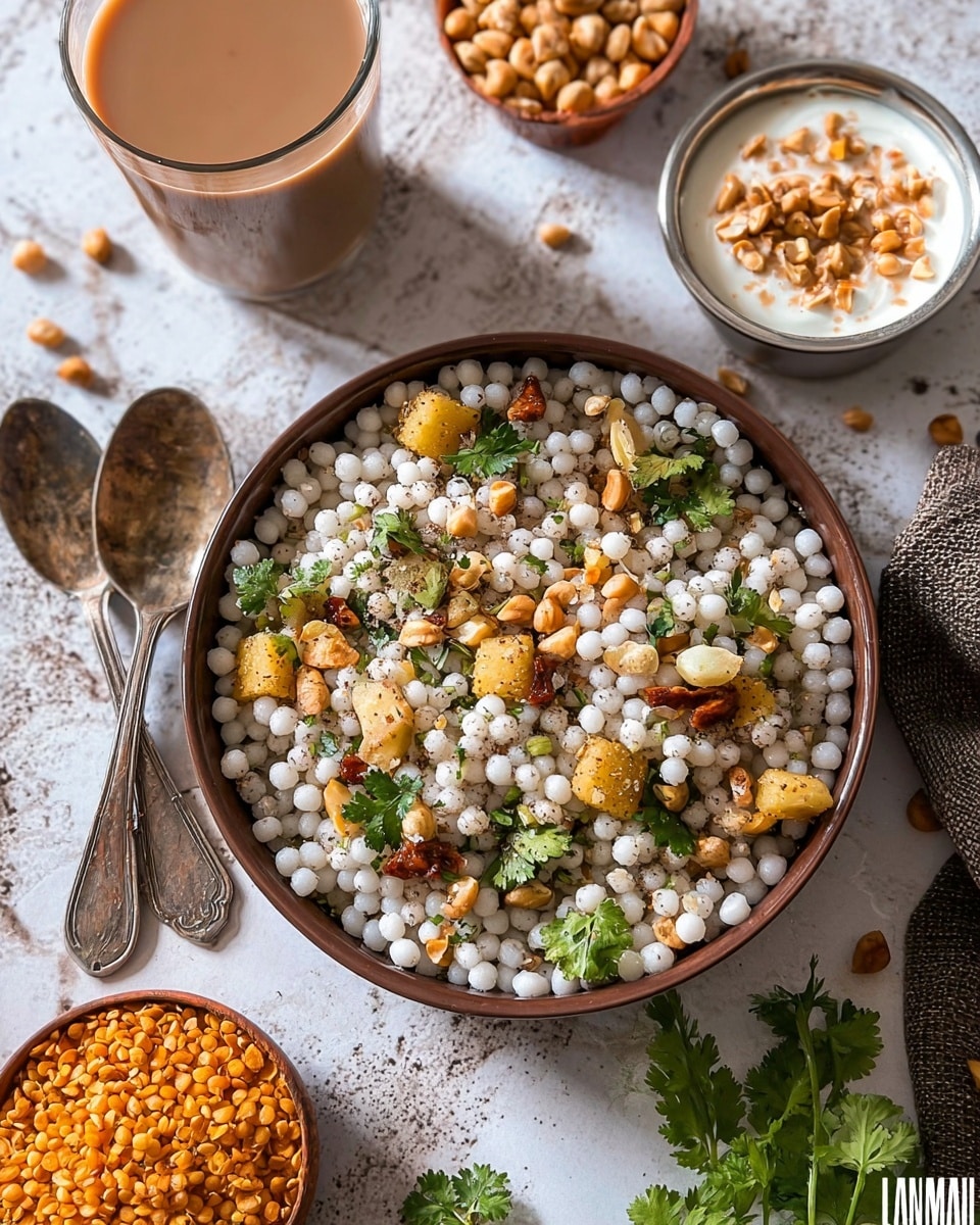 A close-up of a bowl filled with white round sabudana pearls mixed with small golden-brown roasted peanuts, diced lightly browned potatoes, and fresh green coriander leaves, all showing a mix of soft and crispy textures. The bowl is brown and placed on a surface with a white marbled texture. Next to it are two vintage silver spoons, a glass of tan-colored tea, a small white bowl topped with white yogurt and bright orange roasted chickpeas, and another small white bowl with raw peanuts. A sprig of coriander is also visible, adding a fresh green touch. photo taken with an iphone --ar 4:5 --v 7