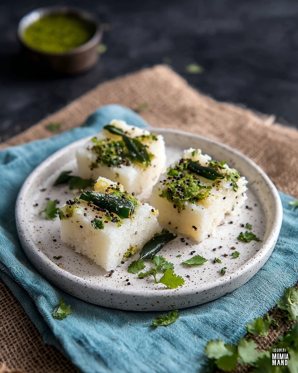 Three soft, white square pieces of dhokla are placed on a white plate with speckled texture. Each dhokla square is topped with bright green curry leaves, small black mustard seeds, and fresh chopped coriander leaves scattered on and around them. The plate rests on a piece of light blue cloth that is laid on a burlap fabric against a dark background. In the top part of the image, a small bowl with green chutney sits slightly out of focus. Photo taken with an iphone --ar 4:5 --v 7
