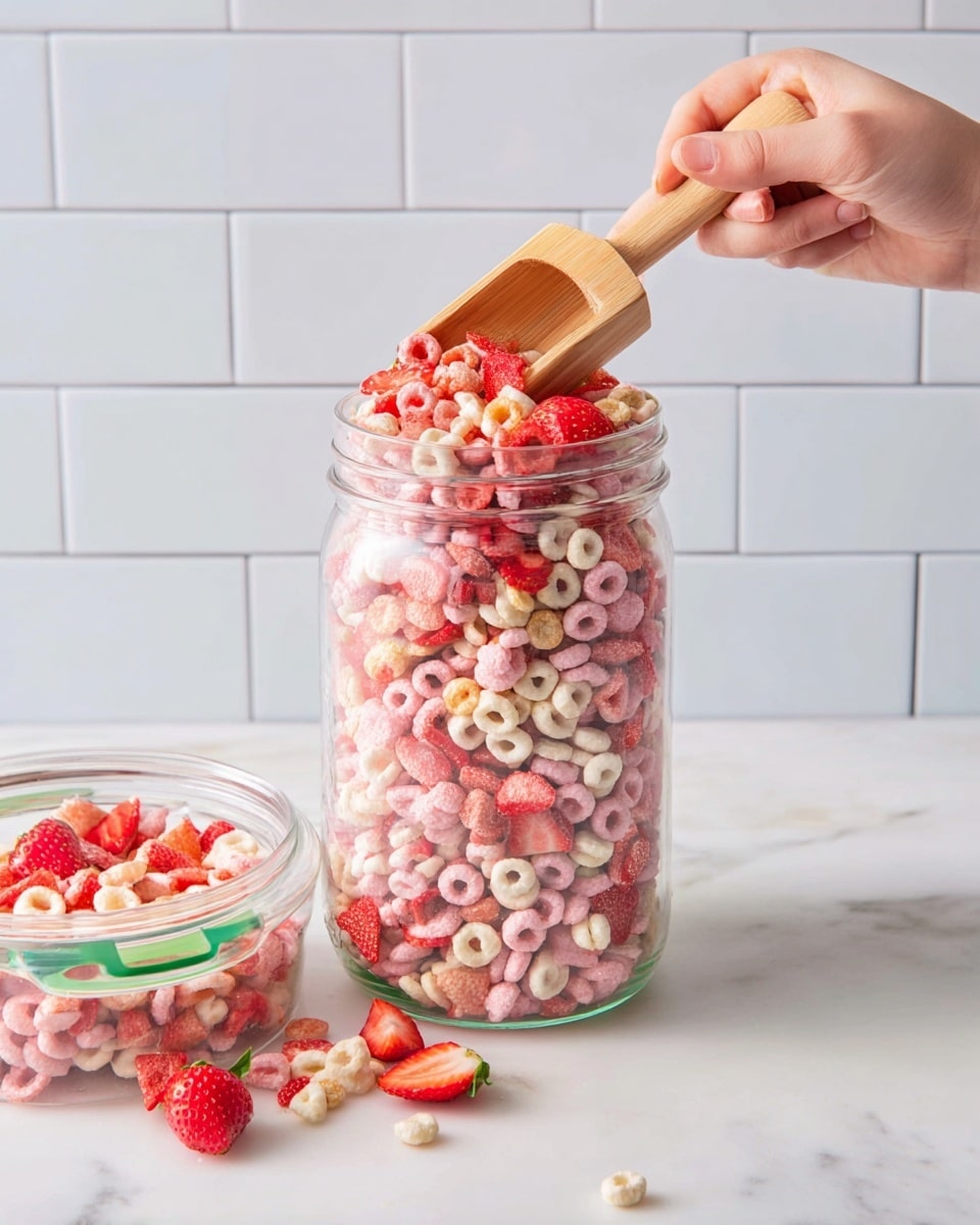 A clear glass jar filled to the top with light pink and white round cereal pieces mixed with bright red dried strawberry slices, creating a colorful layered look inside the jar. A woman's hand is holding a small wooden scoop, digging into the cereal near the top, adding a natural wooden texture. Some cereal pieces and strawberry slices are scattered outside the jar on a white marbled surface. In the foreground, there is a small transparent container partially filled with the same cereal and strawberries, with a fresh green handle on its side. The background shows white subway tiles adding a clean and simple look. photo taken with an iphone --ar 4:5 --v 7