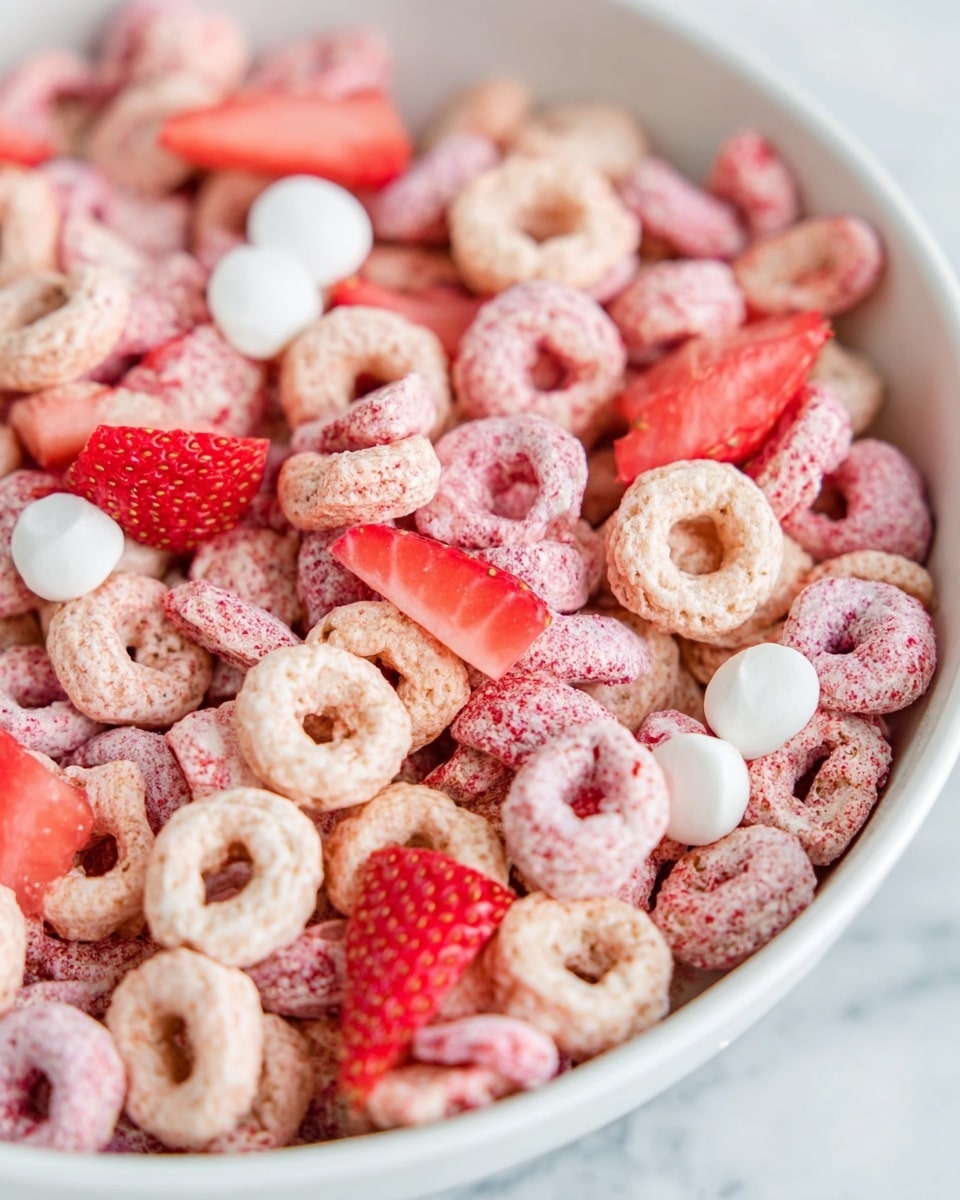 A close-up image of a white bowl filled with a mix of light pink and beige ring-shaped cereal pieces, scattered with thin slices of bright red freeze-dried strawberries and small white round candy pieces. The cereal has a slightly rough texture with speckles of darker pink powder. The strawberries add a fresh, vibrant red color that contrasts with the softer tones of the cereal. The bowl sits on a white marbled surface, giving a clean and bright background. photo taken with an iphone --ar 4:5 --v 7