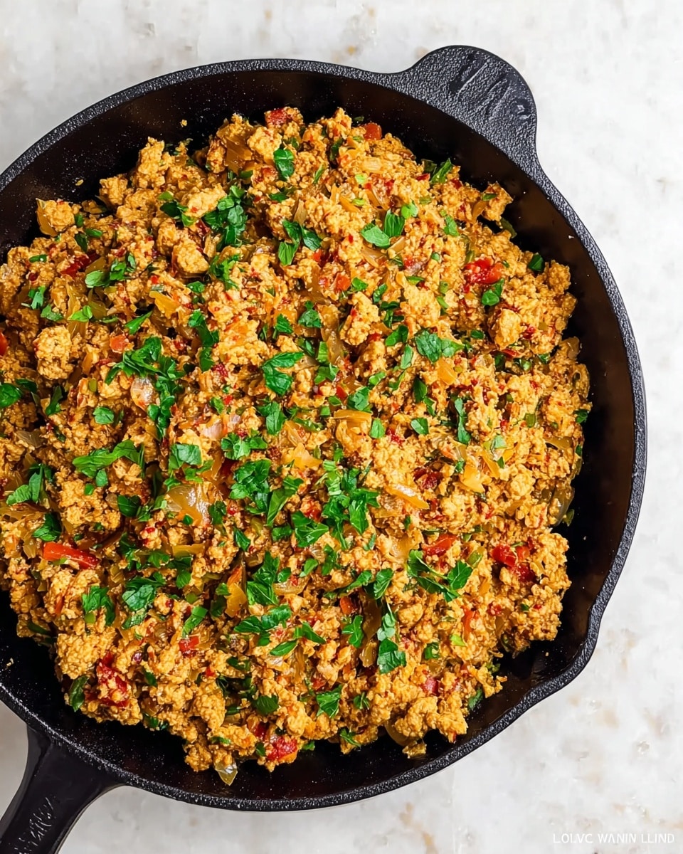 A black cast iron pan filled with a cooked mixture that is crumbly and chunky in texture. The dish has a light brown base with orange and red bits scattered throughout, likely from spices and small pieces of tomato or pepper. There are translucent cooked onion pieces mixed in, and the entire dish is sprinkled with bright green fresh herb leaves scattered on top. The pan sits on a white marbled surface. photo taken with an iphone --ar 4:5 --v 7