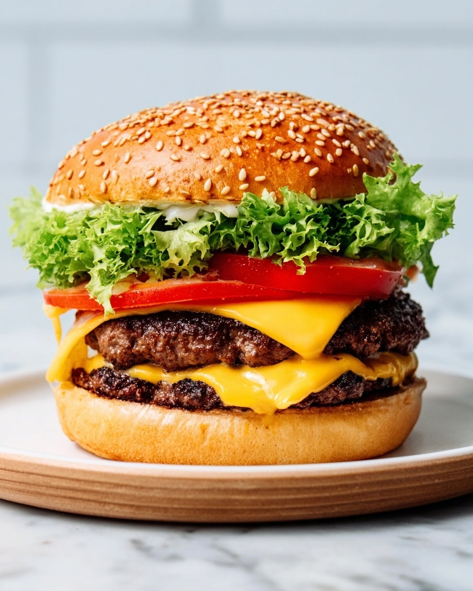 A tall cheeseburger sits on a white plate placed on a white marbled surface. The bottom layer has fresh green lettuce, topped by a thick grilled beef patty with melted orange cheddar cheese. Above the cheese, there are slices of red onion and tomato, all held together by a golden-brown sesame seed bun on top. The background is softly blurred, featuring a glass of beer and a white bowl of sauce. A woman's hand reaches toward the plate. Photo taken with an iphone --ar 4:5 --v 7