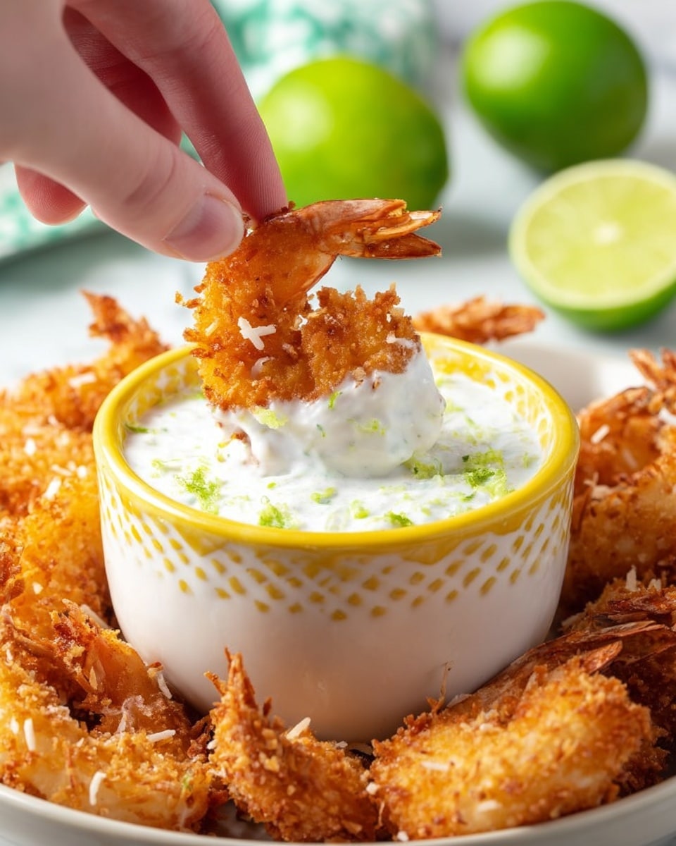 A woman's hand is dipping a golden-brown, crispy coconut shrimp into a small white bowl with a yellow rim and a textured yellow pattern around the outside, filled with thick white creamy sauce sprinkled with small green lime zest bits and shredded coconut. The bowl sits on a plate surrounded by more golden, crunchy coconut shrimp with visible rough coconut flakes. In the blurred background, there are whole and halved bright green limes on a white marbled surface. photo taken with an iphone --ar 4:5 --v 7