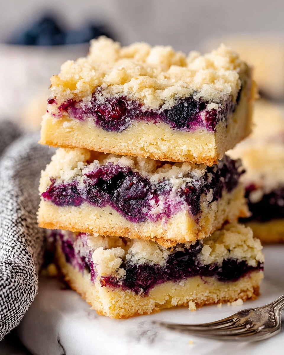 The image shows a stack of three square dessert bars with a crumbly, golden-brown top layer and a soft, light yellow cake base. Inside each bar is a thick, juicy layer of deep purple blueberries that are slightly bursting, creating a contrast of colors and textures. The berries are spread unevenly within the bars, adding visual interest with their rich dark hue against the pale cake. The bars rest on a white marbled surface with a silver fork beside them, and a gray and white textured cloth is partially visible on the left side of the image. Photo taken with an iphone --ar 4:5 --v 7