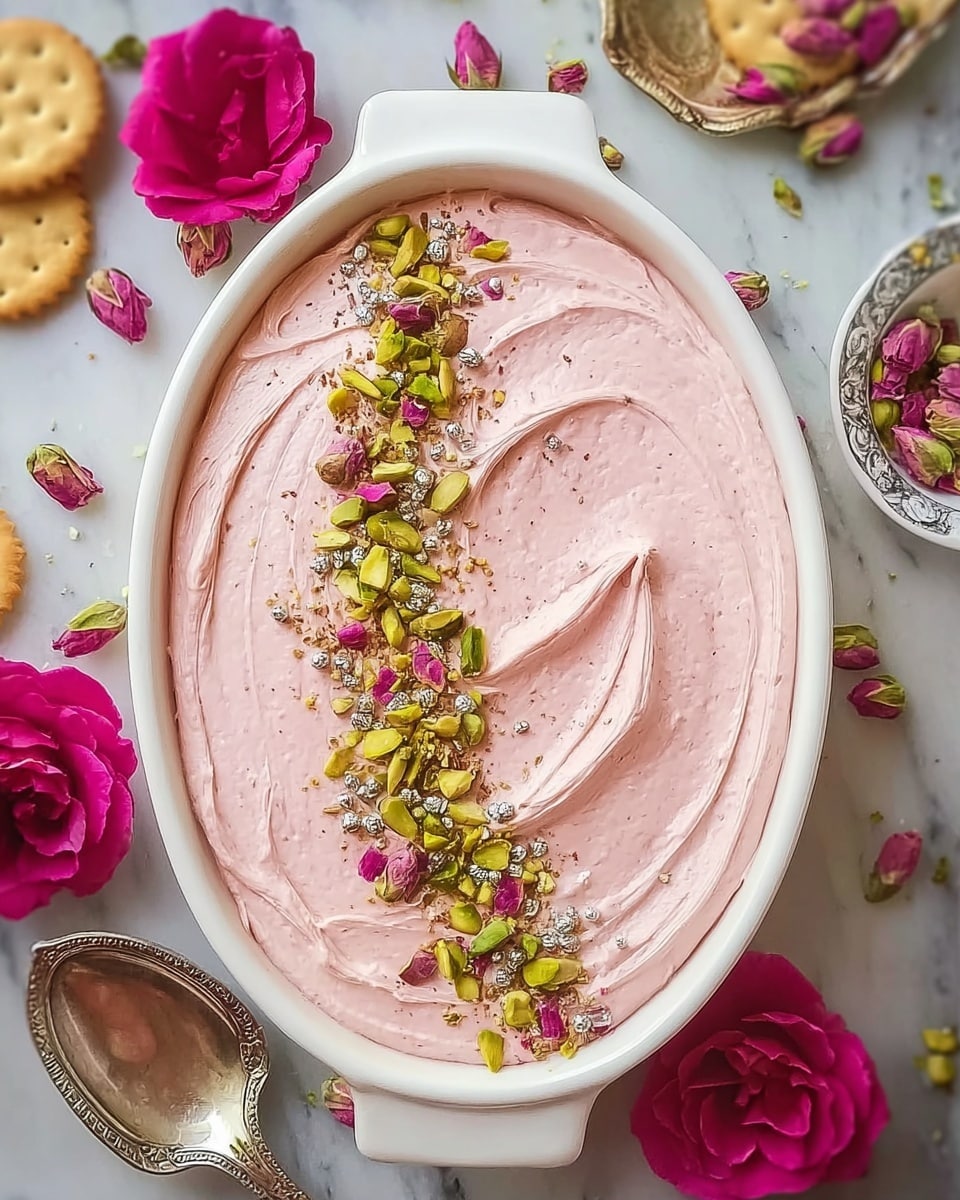 A slice of pink layered dessert sits on a white plate, showing three thick layers of creamy, airy pink filling with visible small white chunks inside each layer. The top layer is decorated with a line of small white whipped cream dollops down the center, sprinkled with crushed green nuts and tiny red flower petals. Next to the slice is a shiny gold spoon. In the background, the rest of the dessert sits in a clear glass baking dish with a square shape, also decorated with whipped cream dollops in a pattern and sprinkled with green nuts and red petals. The setting includes stacked white plates with gold forks and spoons on a white marbled surface. A white textured cloth and a white pitcher with flowers are blurred in the background. photo taken with an iphone --ar 4:5 --v 7