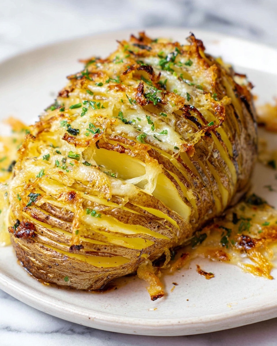 A sliced baked potato with golden brown skin sits on a white plate on a white marbled surface. The potato is cut into many thin layers, each layer showing the soft yellow inside. Melted cheese with a light golden color is spread over the top few layers, slightly crispy and mixed with small green herbs scattered around and between the slices, adding fresh green highlights. Some cheese has melted off to the side of the plate, creating crispy edges. photo taken with an iphone --ar 4:5 --v 7