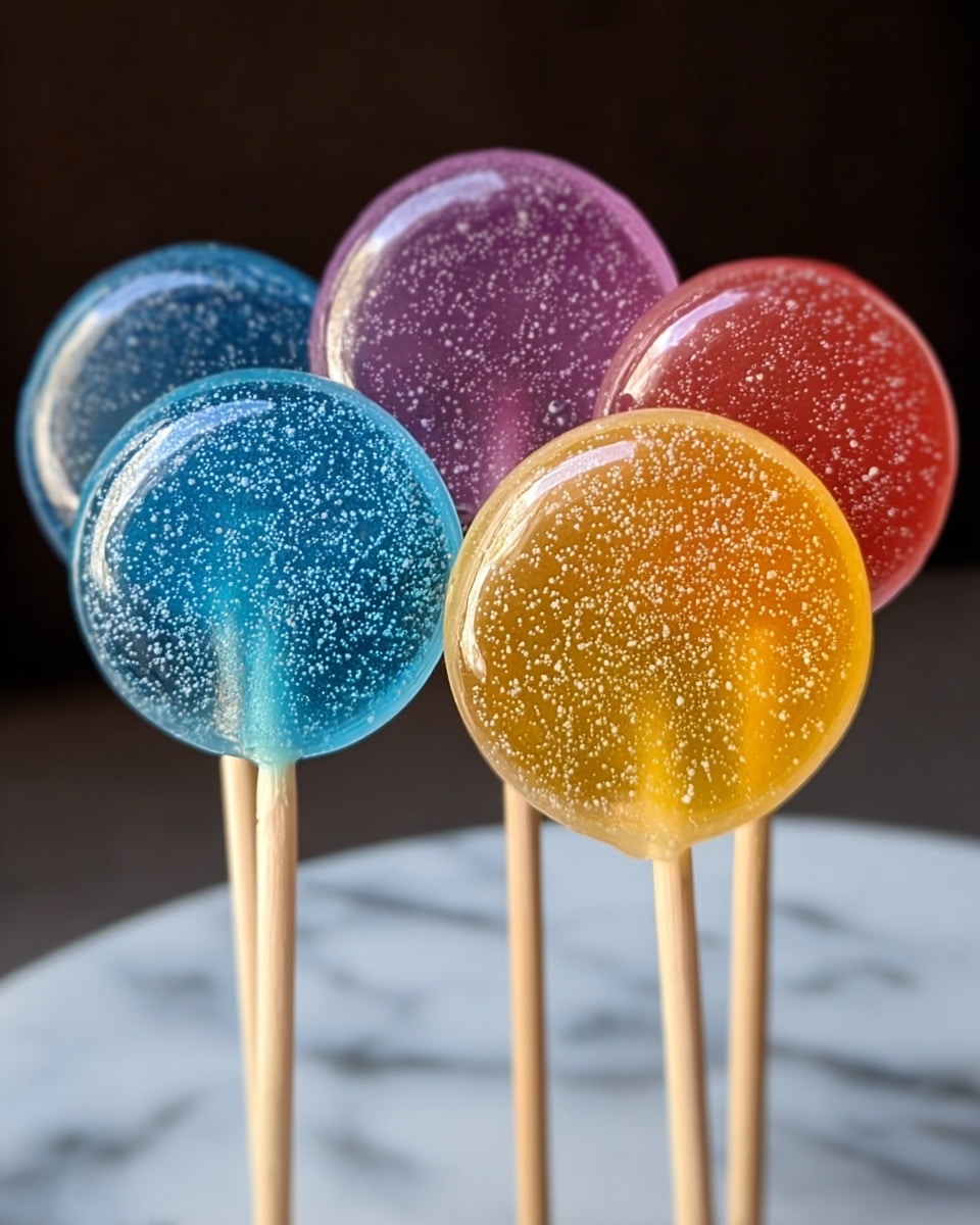 The image shows five round lollipops on wooden sticks standing upright. Each lollipop is smooth and shiny with small white sugar crystals scattered inside. The colors of the lollipops are blue, purple, red, orange, and yellow from left to right. The surface the lollipops are on is out of focus but has a white marbled texture background that's blurred. The lollipops appear translucent with an even layer of candy on each, and they are closely placed together, overlapping slightly. photo taken with an iphone --ar 4:5 --v 7