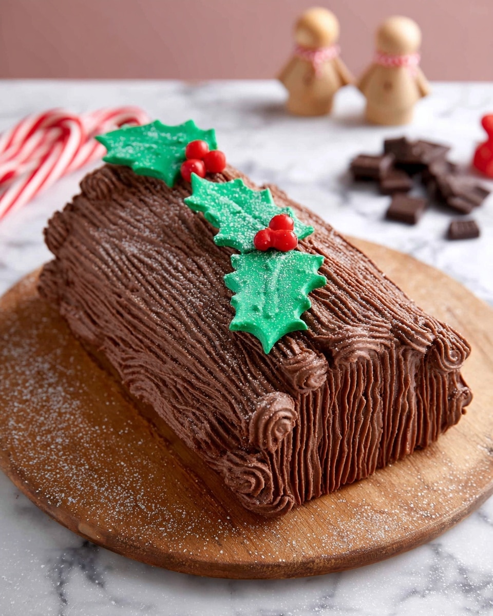 A Christmas Yule log cake frosted with rich chocolate icing, textured to look like tree bark with deep ridges running horizontally and spiraled curls on the cake’s ends, forming a log shape. Three green fondant holly leaves with red berry clusters are placed evenly on top, and the entire cake is lightly dusted with powdered sugar. The log sits on a round wooden board with some powdered sugar scattered around it. In the background, there are two red and white striped candy canes, dark chocolate chips, and two small wooden doll decorations, all set on a white marbled surface. Photo taken with an iphone --ar 4:5 --v 7