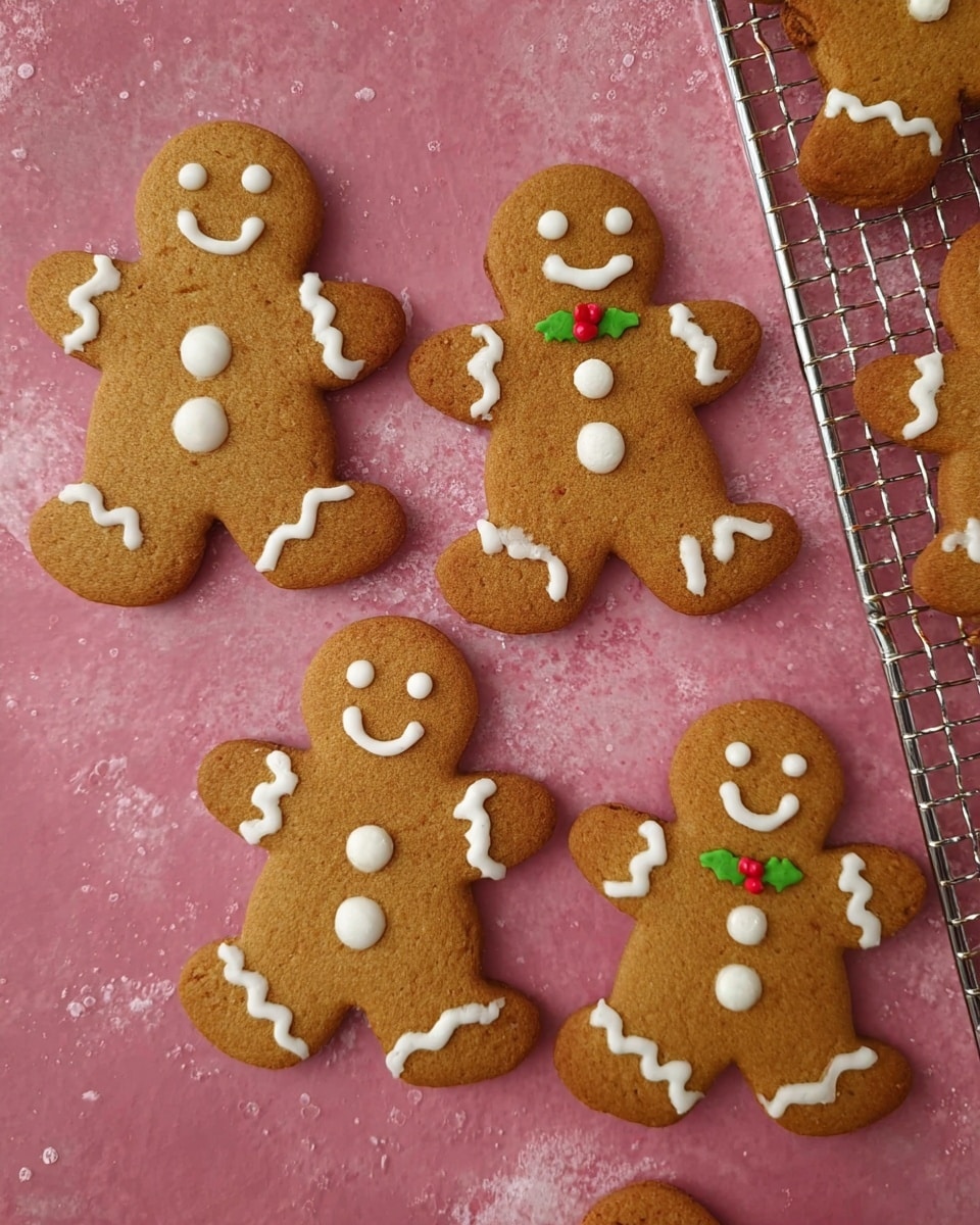 Four gingerbread cookies shaped like people lie on a rough pink surface, with three cookies fully visible and one partially visible on a silver cooling rack in the top right corner. Each cookie has light brown, textured gingerbread dough with white icing in zigzag patterns on the arms and legs, white icing faces with round eyes and big smiles, and two round candy or icing buttons down the center. Two of the cookies have small green holly leaves and three red berries made of icing or candy above the buttons. The arrangement is informal, with some cookies tilted and spaced unevenly. Photo taken with an iphone --ar 4:5 --v 7