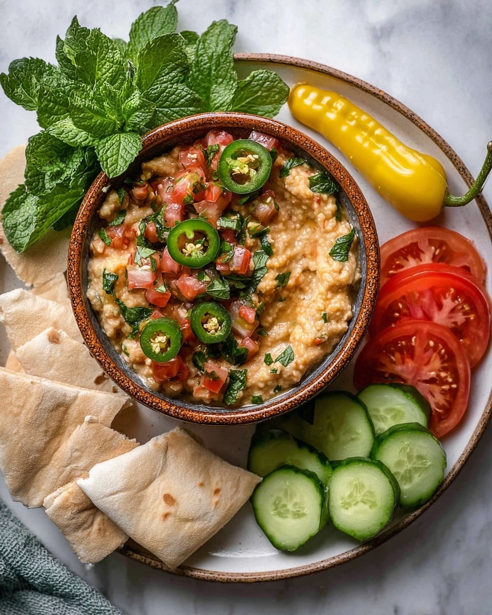 A white plate with a rustic brown bowl filled with chunky hummus topped with diced red tomatoes, green jalapeño slices, and chopped herbs, placed on the left side. Around the bowl are several folded light beige pita bread pieces at the bottom right, bright green cucumber slices and red tomato wedges on the upper right, along with two whole yellow pepperoncini placed near the cucumbers. A sprig of fresh green mint leaves is placed at the top left of the bowl. All is set on a white marbled surface. Photo taken with an iphone --ar 4:5 --v 7