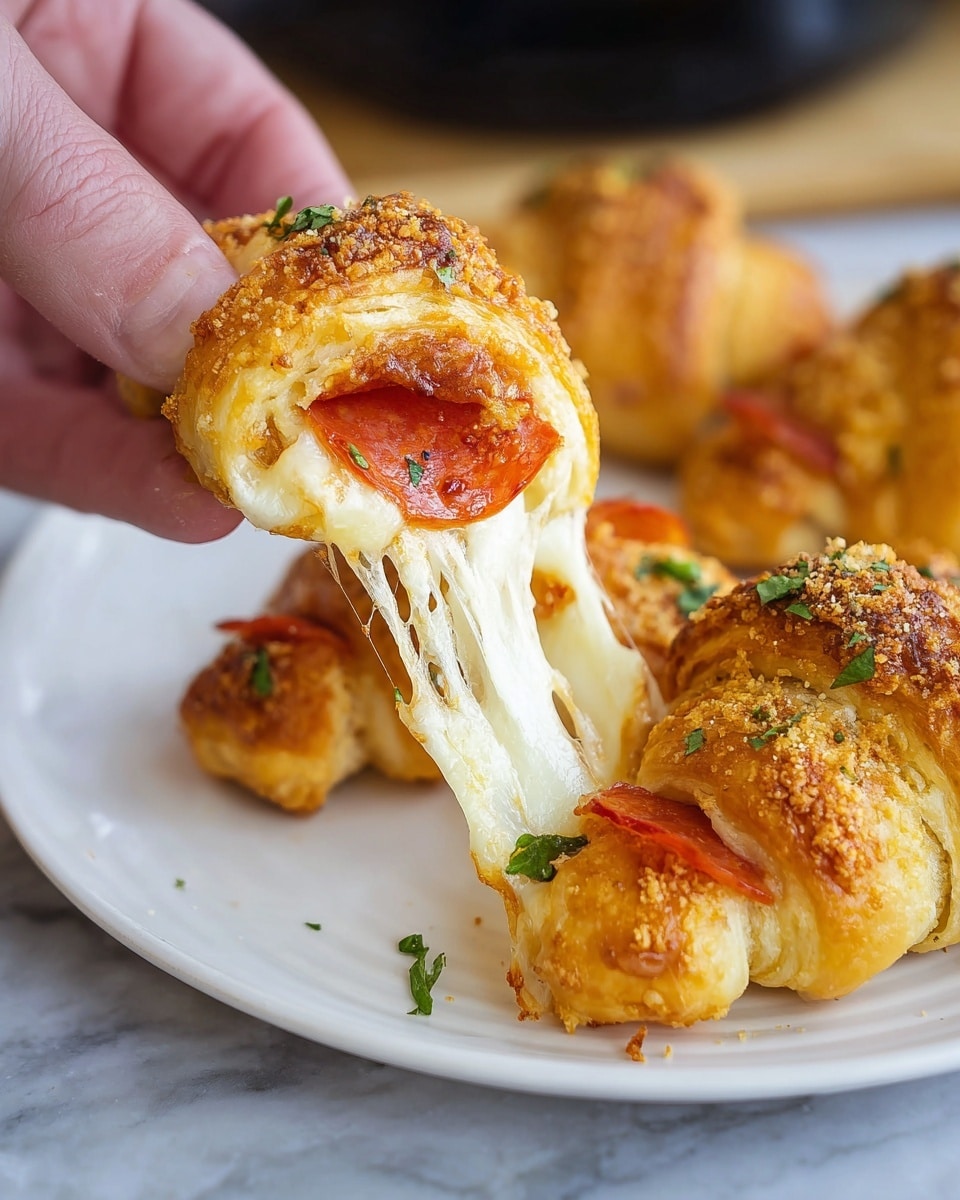 A close-up of a cheesy, golden-brown crescent roll being pulled apart by a woman's hand, showing stretchy, melted white cheese inside with red pepperoni slices layered underneath the cheese, sprinkled with small green parsley bits. The crescent roll has a crispy, flaky texture with some breadcrumb topping and rests on a white plate with other similar crescent rolls scattered around on a white marbled surface. Photo taken with an iphone --ar 4:5 --v 7