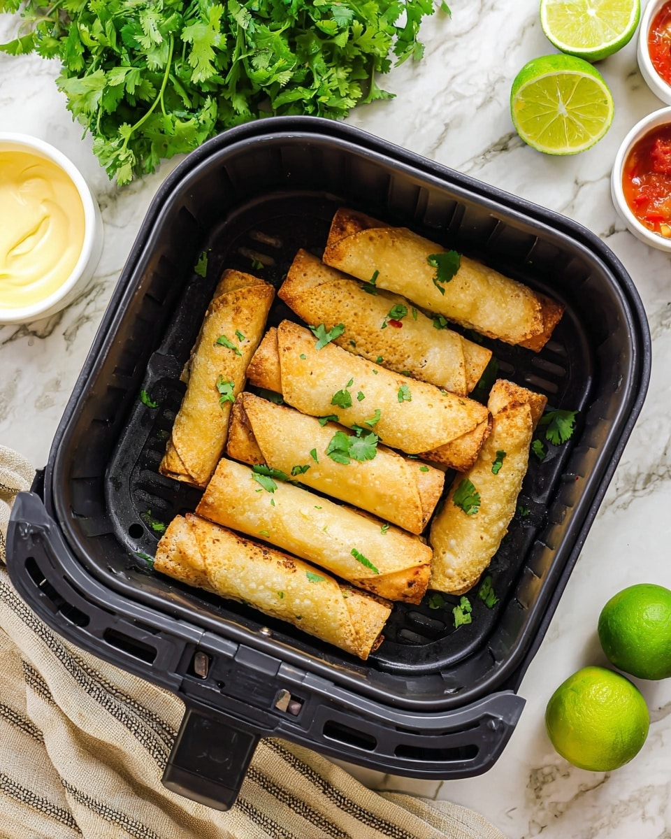 This image shows a black air fryer basket filled with eight golden-brown, crispy rolled taquitos arranged in two layers with some overlapping, garnished with fresh green cilantro leaves scattered on top and around them. The basket is placed on a white marbled surface, with a few small white bowls nearby containing bright green lime wedges, creamy yellow sauce, and a red sauce. A bunch of fresh cilantro is partly visible in the top left corner, and a beige cloth and a light gray striped cloth partially frame the scene, creating a fresh and inviting setting. photo taken with an iphone --ar 4:5 --v 7