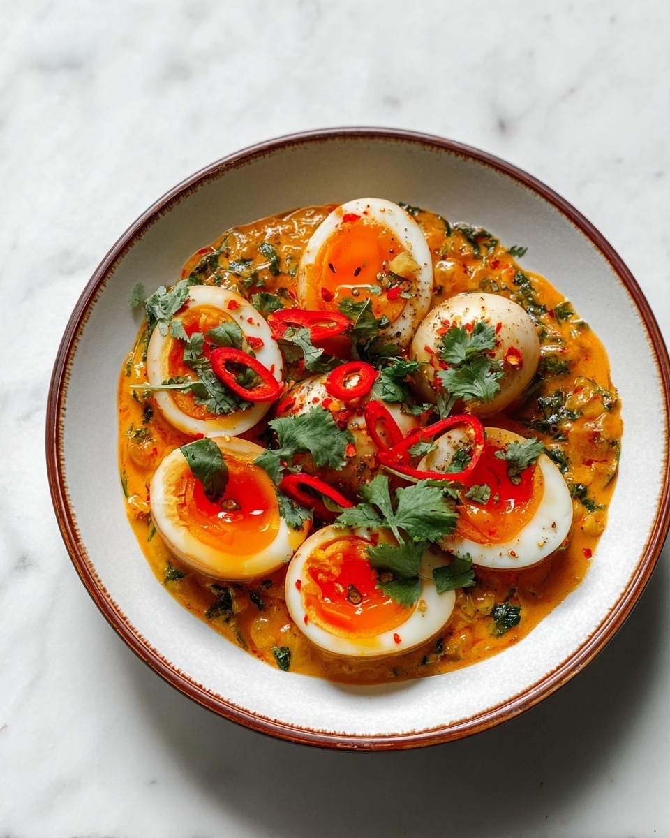 A white bowl with a brown rim holds a dish with five halved soft-boiled eggs showing bright orange, slightly runny yolks on top. The eggs rest on a thick, creamy orange sauce mixed with finely chopped herbs and small bits of vegetables. Bright red slices of chili peppers and fresh green cilantro leaves are scattered on top and around the eggs, adding color and texture contrast. The bowl sits on a white marbled surface. photo taken with an iphone --ar 4:5 --v 7