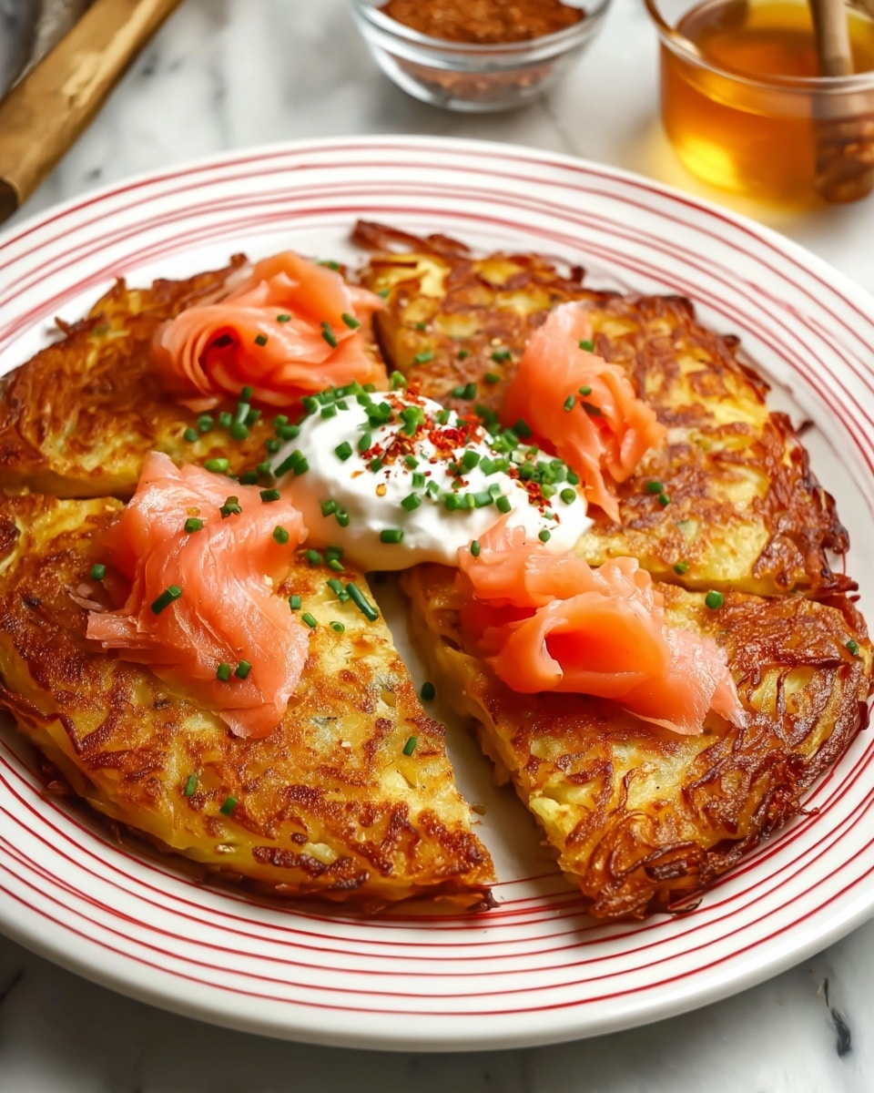 A golden-brown, crispy potato pancake is cut into four equal slices and served on a white plate with red stripes. Each slice is topped with a smooth, pink slice of smoked salmon, which curls gently. On top of the salmon, there is a small dollop of white sour cream, sprinkled with finely chopped green chives and a few red chili flakes, adding color contrast. The background features a white marbled texture with a glass bowl of honey and a small bowl of spices blurred softly in the back. Photo taken with an iphone --ar 4:5 --v 7