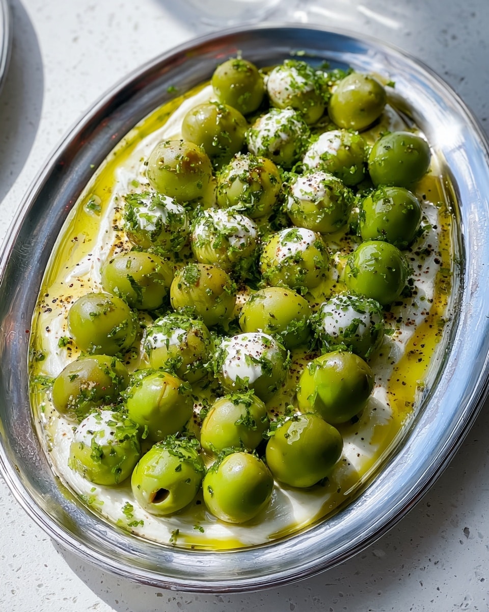 The dish is presented in a large oval silver tray, set against a white marbled texture surface. The base layer is a smooth, creamy white spread, topped with a thick layer of bright green stuffed olives neatly arranged in close rows. The olives are filled with a white creamy substance and sprinkled lightly with finely chopped green herbs and cracked black pepper. Golden olive oil glistens in small pools along the edges of the tray, adding shine and richness to the presentation. Photo taken with an iphone --ar 4:5 --v 7