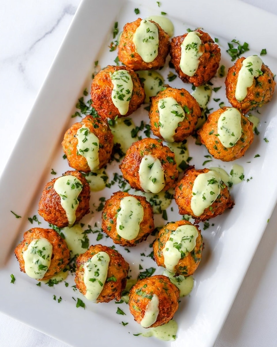 A white rectangular plate holds 18 small, round fritters arranged loosely in rows. Each fritter has a golden-brown, crispy outer layer with flecks of green herbs visible inside the textured surface. A smooth, pale green sauce is drizzled over the top of each fritter, slightly running down the sides. Small pieces of chopped green herbs are sprinkled across the plate and fritters for garnish. The plate sits on a white marbled surface. photo taken with an iphone --ar 4:5 --v 7