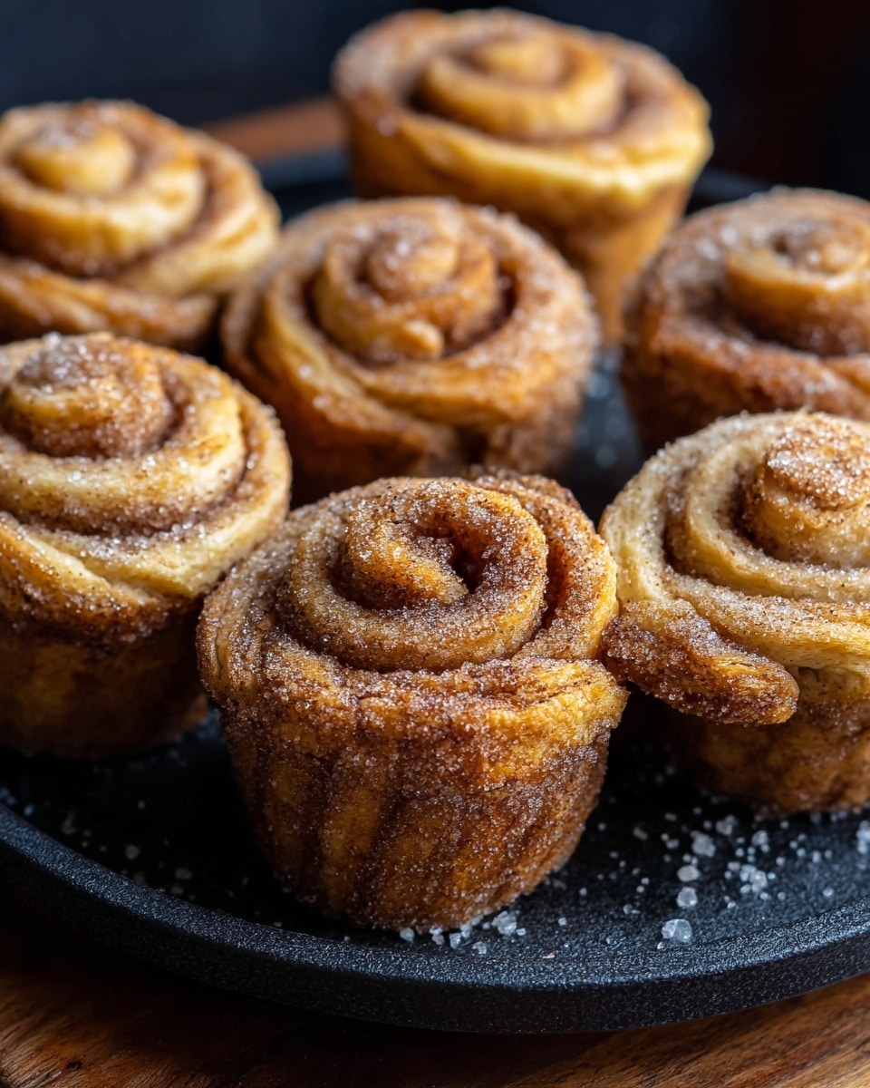 The image shows six cinnamon roll muffins arranged on a dark pan with a wooden table underneath. Each muffin has a visible spiral of dough with layers dusted in sugar and cinnamon, giving a sugary, grainy texture on the outside. The spiral layers are golden brown and light tan, showing a soft, baked dough with a slightly crispy exterior. The muffins have a tall, cupcake shape with defined swirls on the top and sides. The overall look is warm and fresh, with some sugar crystals scattered around. Photo taken with an iphone --ar 4:5 --v 7