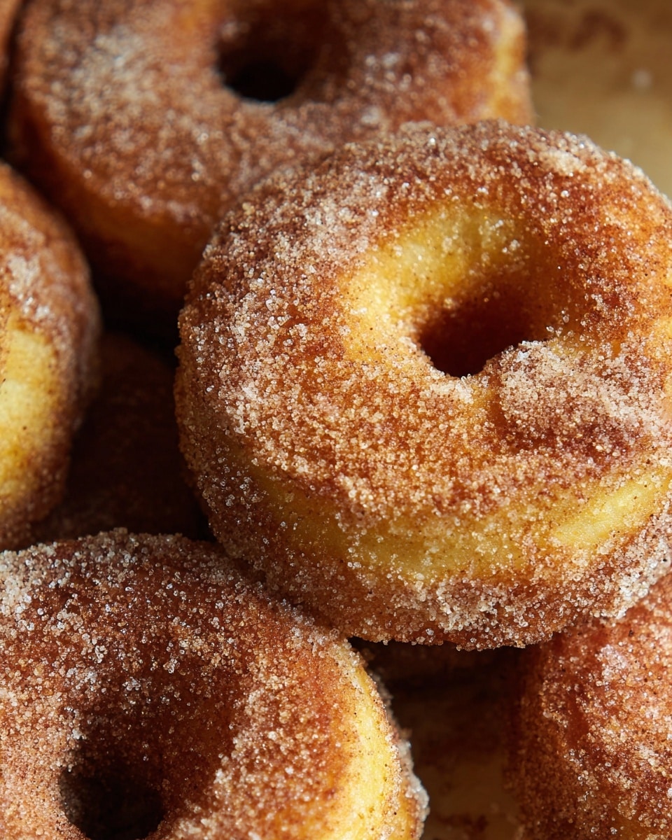 The image shows close-up views of several mini cinnamon sugar doughnuts. Each doughnut has one visible layer: a golden-brown fried dough base coated thickly and evenly with a granulated cinnamon sugar mixture that gives a slightly rough, crunchy texture. The doughnuts have a small hole in the center and are stacked closely on a surface with a subtle shine. The colors range from light golden yellow in the dough to a deeper brown on the sugar coating. The lighting highlights the sugar crystals and the soft, porous dough underneath. photo taken with an iphone --ar 4:5 --v 7