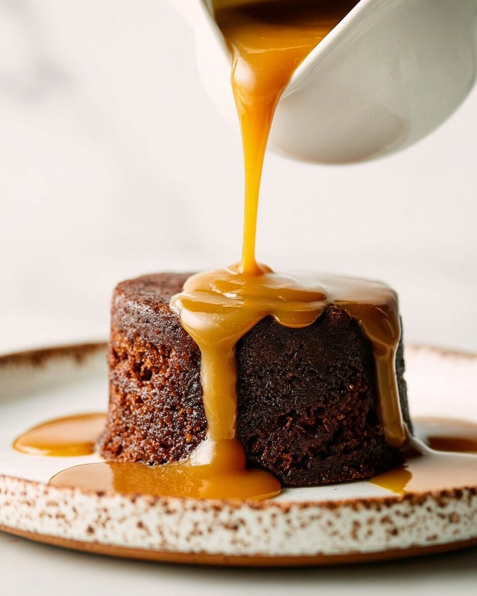 A single thick round chocolate cake sits on a white plate with brown speckles and a slightly uneven edge. The cake has one visible layer, dark brown in color and moist in texture. A thick golden caramel sauce is being poured from a small white pitcher onto the top of the cake, flowing down the sides and pooling slightly on the plate. The caramel is smooth, shiny, and glossy. The background is a white marbled texture. photo taken with an iphone --ar 4:5 --v 7