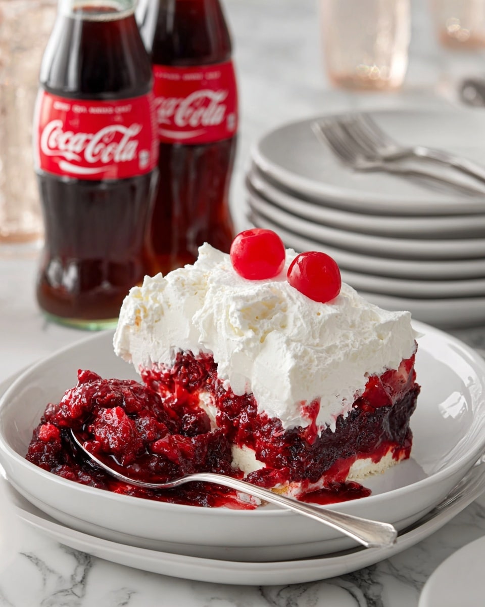 A piece of berry dessert on a white plate with three layers is shown: the bottom layer is a dark red berry filling with a thick, jam-like texture; the middle layer is a chunky mix of bright red berries, and the top layer is a fluffy white whipped cream covering the dessert. Two bright red cherries with stems sit on top of the whipped cream. A spoon on the plate holds some of the berry mix with a bit of whipped cream. In the background, two glass bottles of Coca-Cola and stacked white plates with forks are visible on a white marbled surface. Photo taken with an iphone --ar 4:5 --v 7