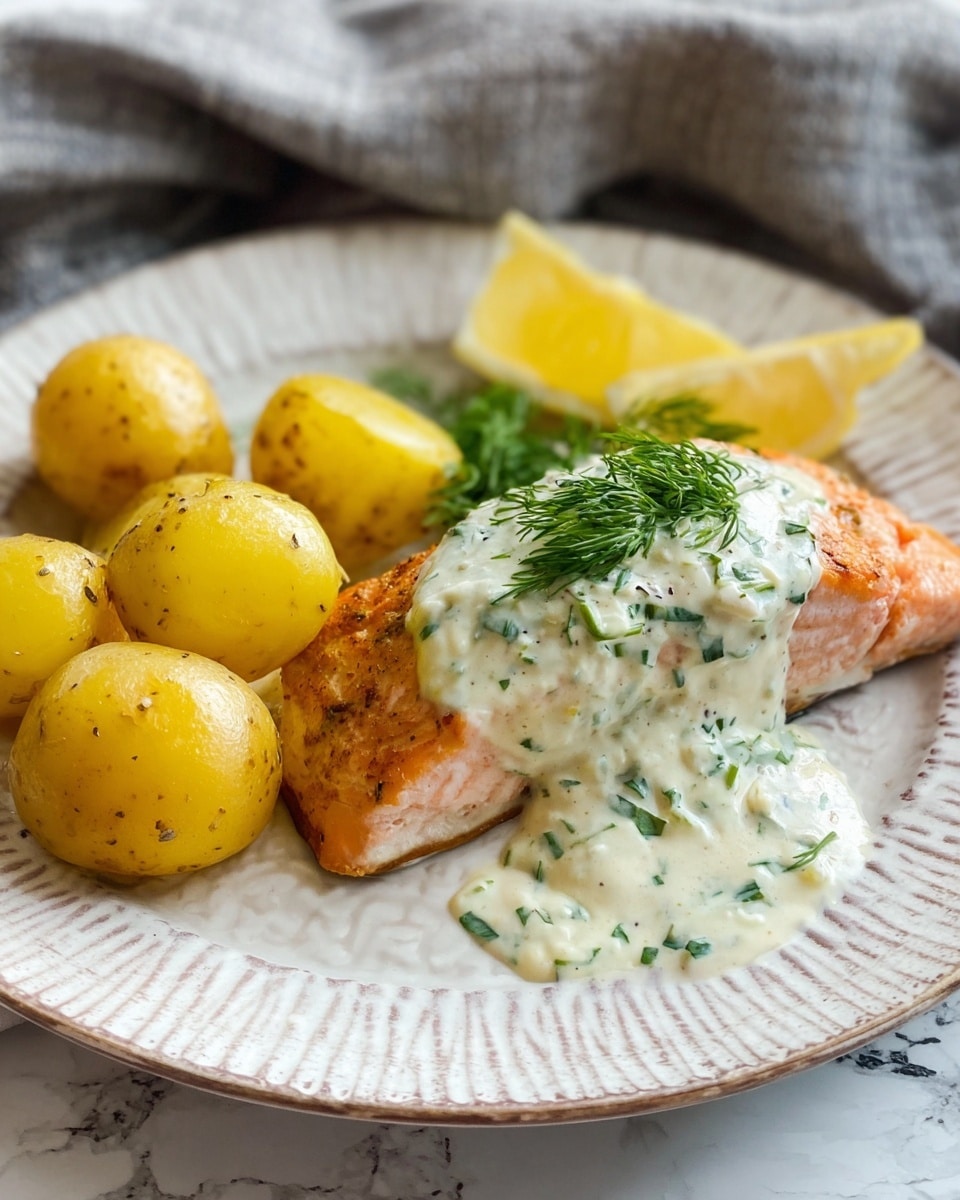 A white patterned plate holds a piece of cooked salmon topped with a creamy white sauce mixed with small green herbs, and garnished with a small bunch of fresh green dill. To the side, there are four small yellow boiled potatoes also garnished with dill, and two slices of bright yellow lemon rest near the potatoes. The plate is placed on a white marbled textured surface with a gray fabric visible in the background. photo taken with an iphone --ar 4:5 --v 7