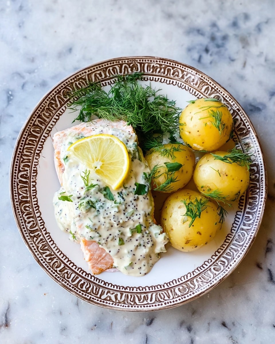 A white plate with a decorative brown pattern around the edges holds a meal of two parts: on the left, a piece of light pink cooked salmon topped with a thick white sauce speckled with black seeds or herbs, a thin slice of yellow lemon, and a small bunch of bright green dill on top; on the right side, four small, smooth, yellow potatoes also garnished with fresh green dill. The plate is set against a white marbled texture. Photo taken with an iphone --ar 4:5 --v 7