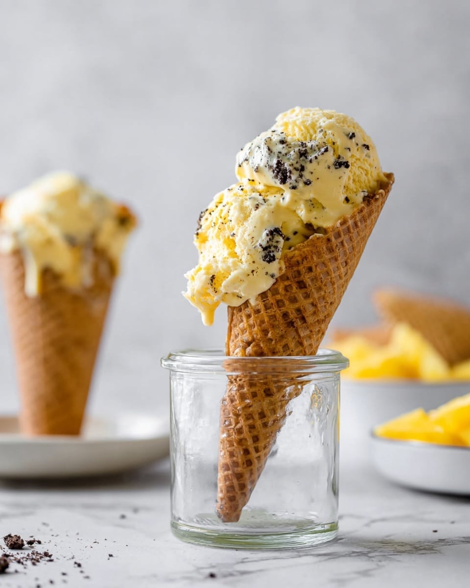 A close-up shows a waffle cone dipped inside a clear glass jar, filled with light yellow ice cream mixed with small dark cookie or chocolate pieces, melting slightly and dripping down the cone. The cone rests leaning against the jar's side, showing a crisp grid pattern and brown color. In the background, another ice cream cone stands on a white plate, and yellow pineapple slices on another white plate are blurred out. The whole setting is on a white marbled surface with soft lighting. photo taken with an iphone --ar 4:5 --v 7