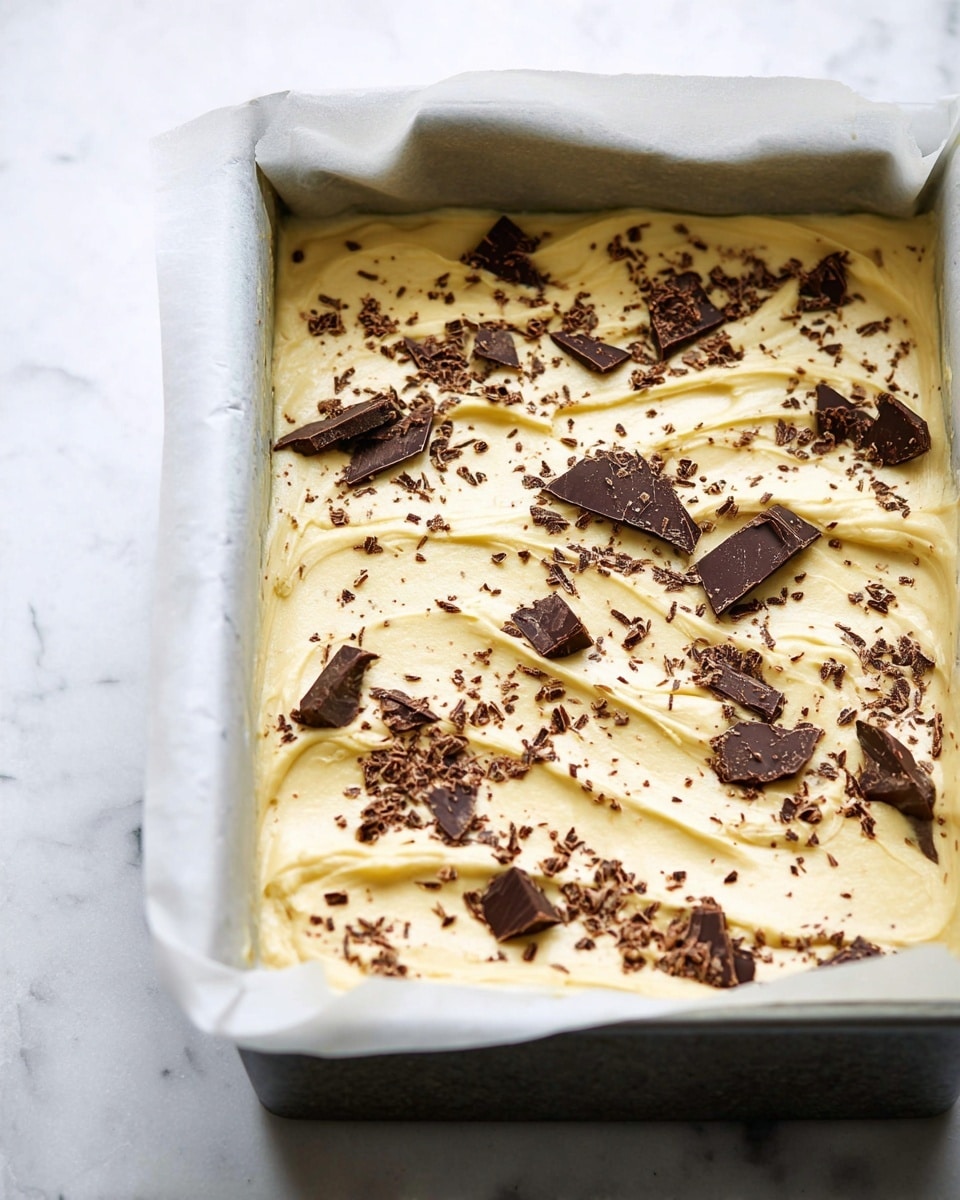 The image shows a metal rectangular pan lined with white parchment paper, filled with a creamy yellow batter layer that is smooth with some swirled texture across the surface. Scattered on top are uneven-sized chunks and fine sprinkles of dark brown chocolate, providing contrast to the pale batter. The pan sits on a white marbled surface. Photo taken with an iphone --ar 4:5 --v 7