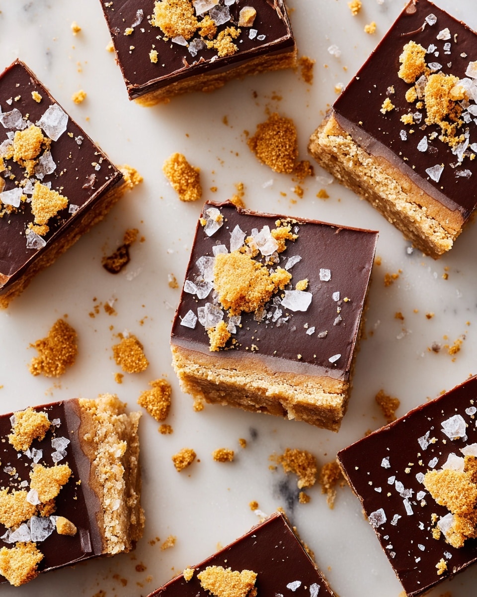 The image shows several square dessert bars arranged on a white marbled surface. Each bar has three visible layers: a bottom light brown crumbly crust, a middle slightly darker brown layer, and a top smooth, glossy dark chocolate layer. The chocolate layer is decorated with golden cookie crumbs scattered unevenly and a few flakes of coarse sea salt. The bars are cut cleanly, and crumbs are scattered around them, adding texture and contrast to the smooth chocolate topping. Photo taken with an iphone --ar 4:5 --v 7