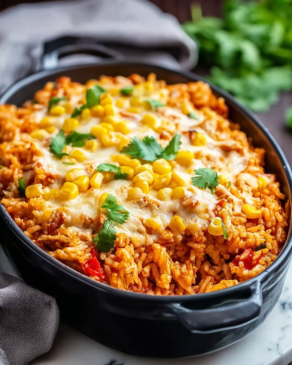 A deep black oval dish filled with a layered rice casserole. The base layer is orange-red cooked rice mixed with visible chunks of chicken and small pieces of red peppers. On top is a layer of melted cheese with a creamy yellow color, scattered with sweet yellow corn kernels and fresh green cilantro leaves. The rice looks moist with a textured mix of soft and firm grains. The dish sits on a white marbled surface with a grey cloth partially visible nearby. photo taken with an iphone --ar 4:5 --v 7