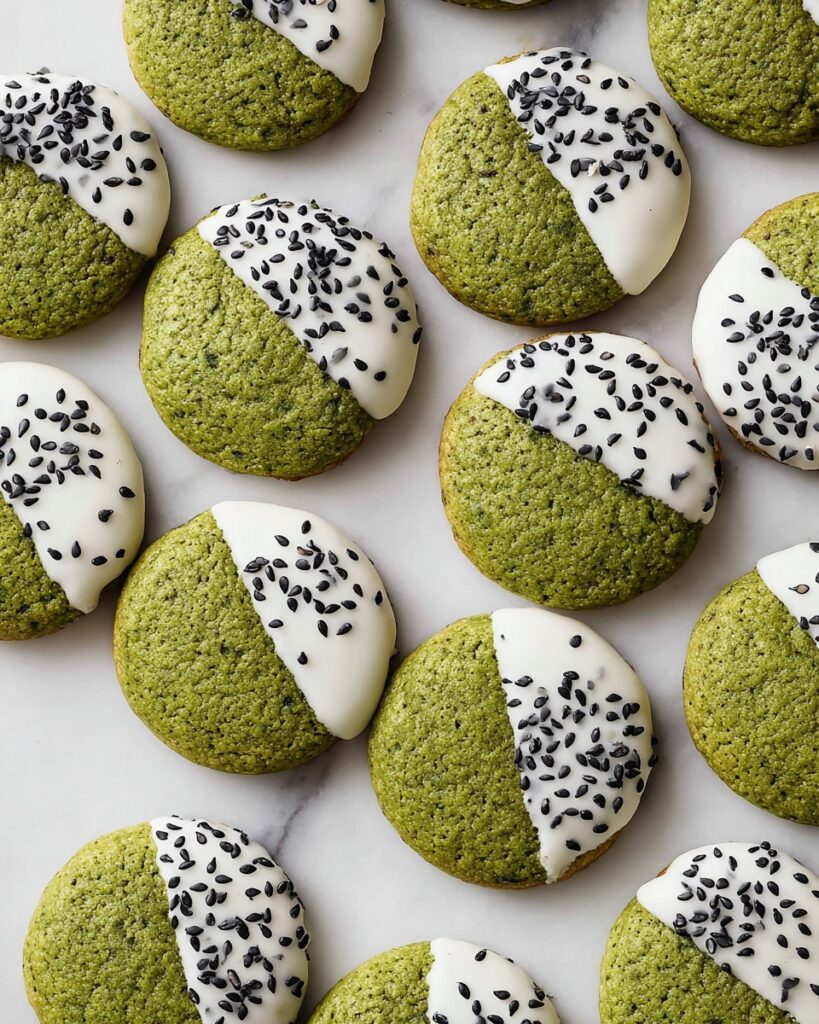 Matcha Cookies with White Chocolate Drizzle and Black Sesame Seeds Recipe