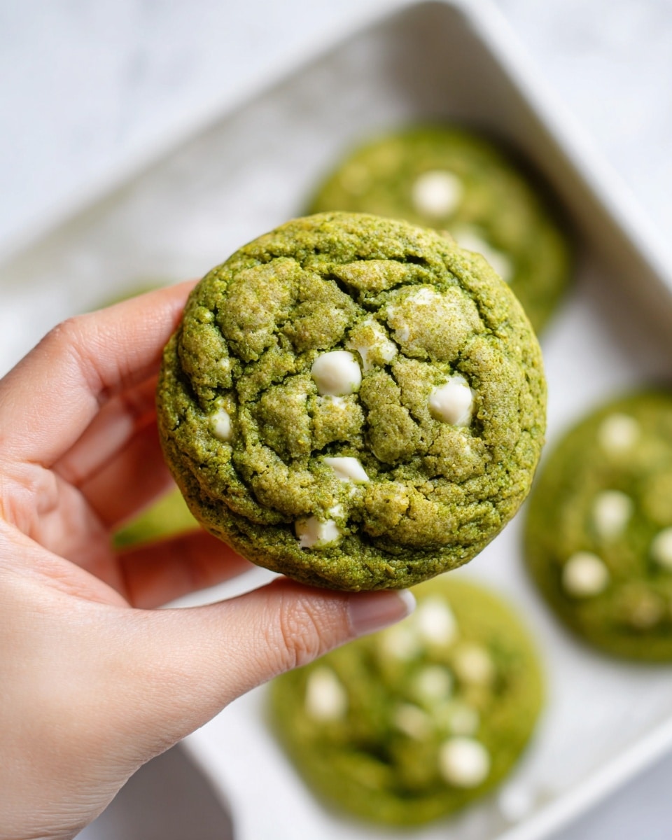 A close-up of a soft, round cookie held by a woman's hand with fingers visible, showing a thick single layer that is green in color with a textured, slightly cracked surface, embedded with scattered white chunks that look smooth and slightly melty. In the background, more of the same green cookies are slightly blurred, placed on a white tray lined with white paper on a white marbled surface. The focus is on the cookie in the woman's hand, capturing its moist texture and contrast between the green dough and white pieces. photo taken with an iphone --ar 4:5 --v 7