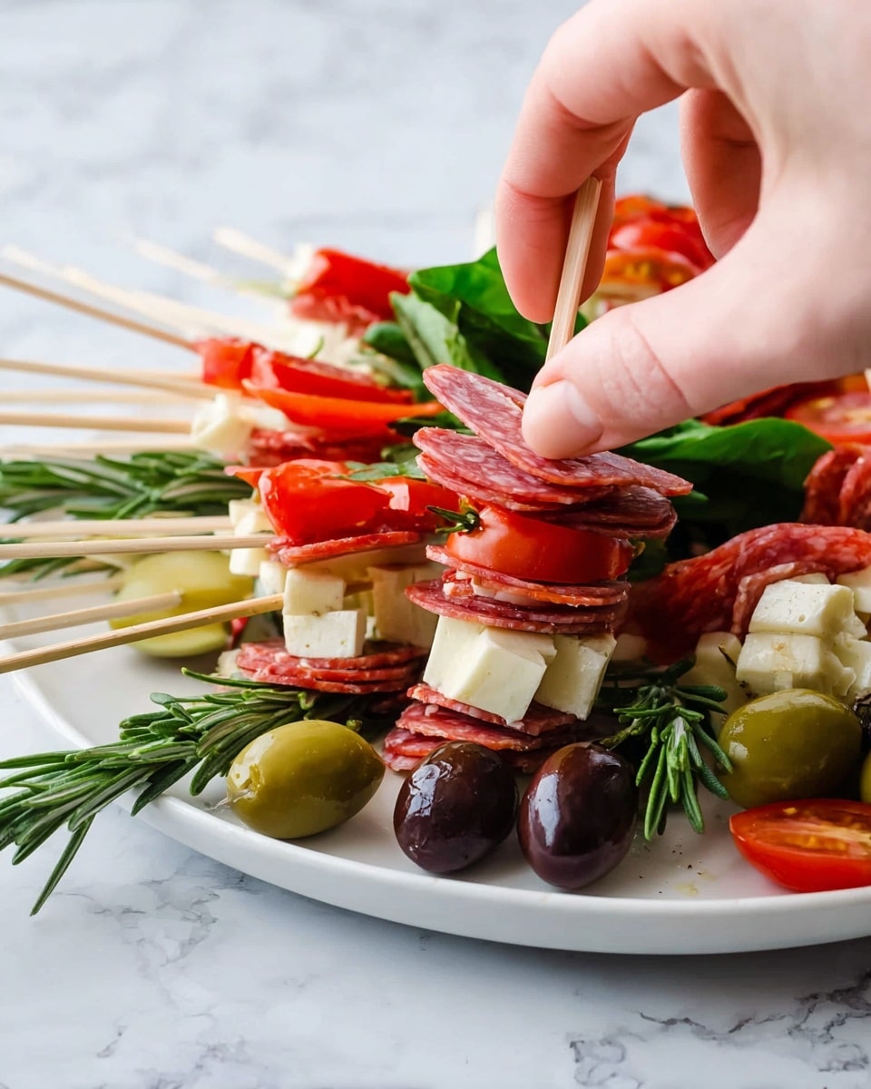 A white plate with a ring of small wooden skewers arranged around the edge, each skewer stacked visibly with different layers: folded red pepperoni, dark green pickles, rolled slices of light red salami, cubes of white cheese, black olives, bright red cherry tomatoes, small green spinach leaves, and sprigs of fresh green rosemary. A woman's hand is picking up one skewer from the plate on a white marbled surface. The textures show shiny, smooth tomatoes, firm cheese, and slightly wrinkled salami, all arranged in a colorful, fresh way. photo taken with an iphone --ar 4:5 --v 7