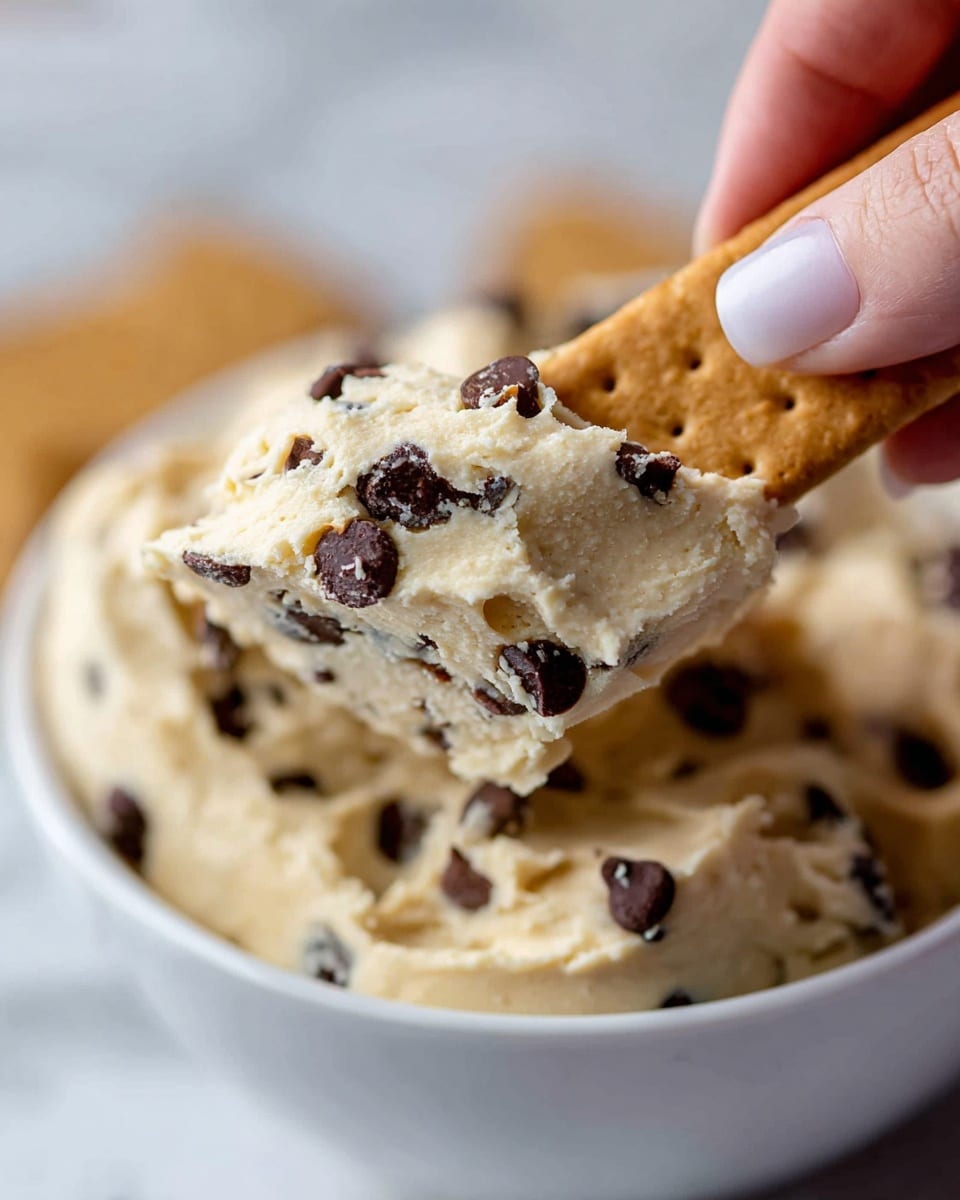 A close-up image showing a woman's hand holding a rectangular golden-brown cracker dipped in thick, pale beige cookie dough mixed with small dark brown chocolate chips. The cookie dough fills a white bowl beneath, with visible swirls and chunks of chocolate chips spread throughout. The background has a soft focus with a white marbled texture. photo taken with an iphone --ar 4:5 --v 7