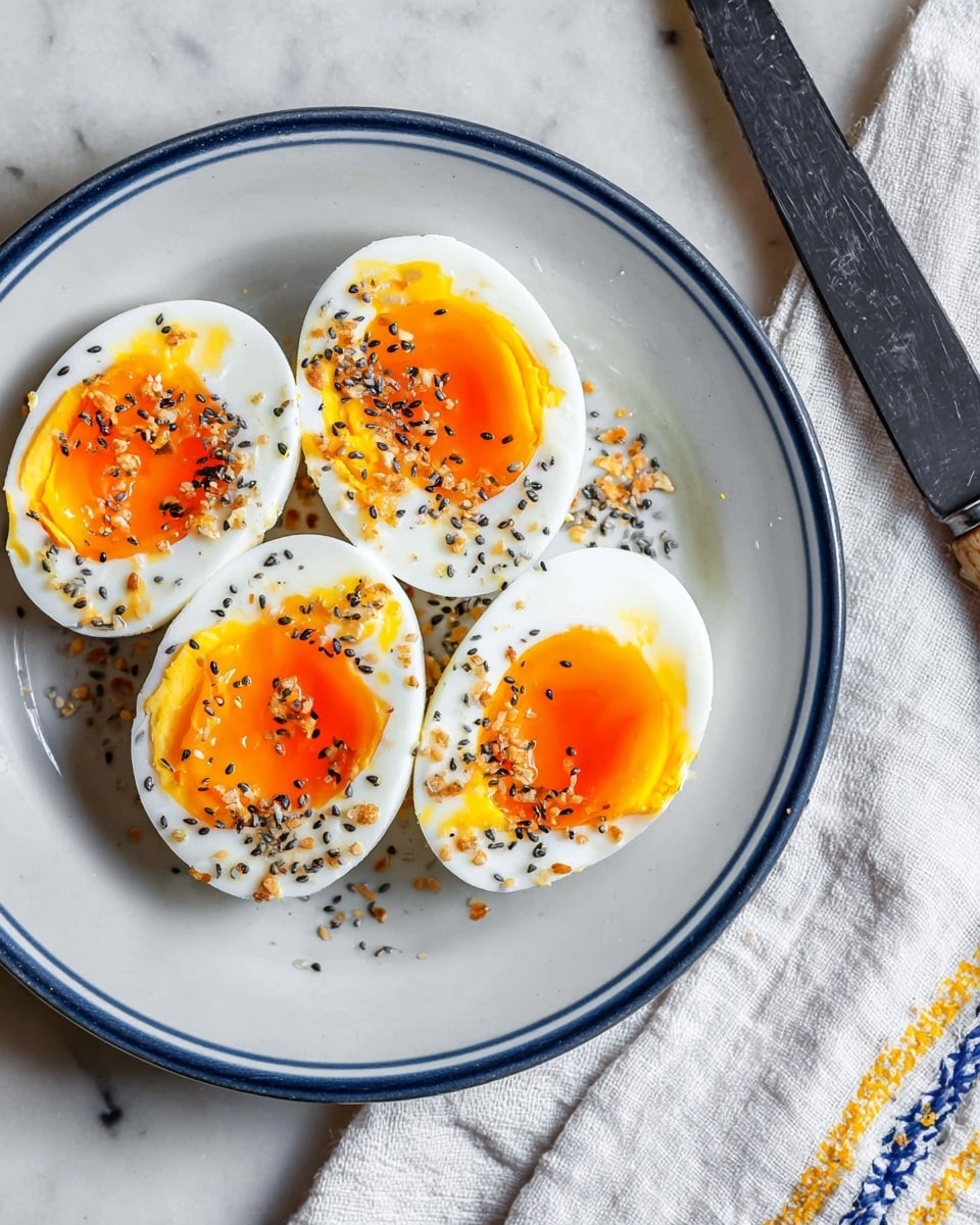 A white plate with a blue rim holds four soft-boiled egg halves arranged closely. Each egg has a smooth white outer layer, with a vibrant orange, slightly runny yolk center. The eggs are sprinkled with a mix of black, white, and brown seeds and small crunchy bits on top. The plate rests on a white marbled surface with a vintage black knife nearby and a white cloth with blue and yellow stitching partially visible in the corner. photo taken with an iphone --ar 4:5 --v 7