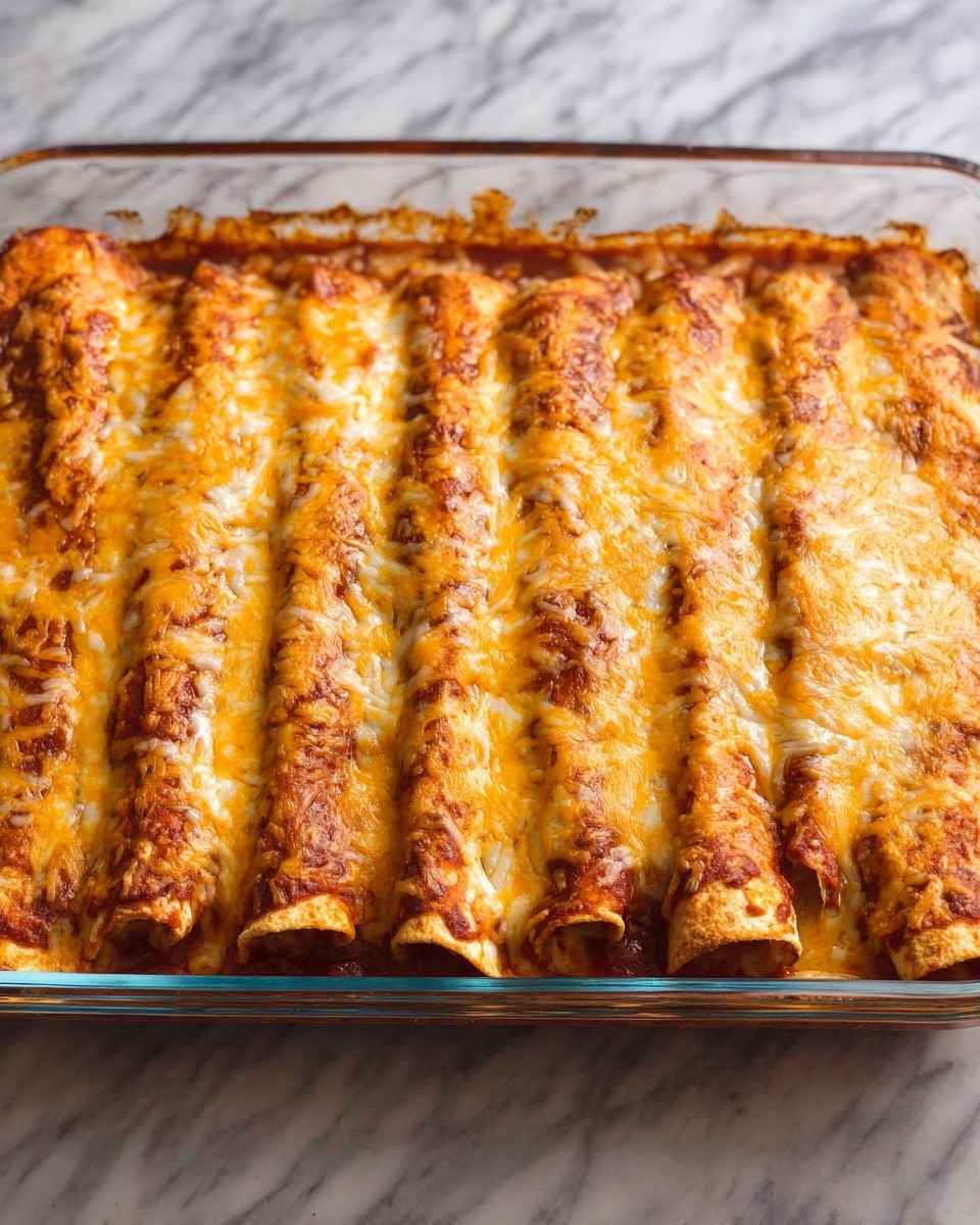 A large clear glass baking dish holds seven rolled enchiladas placed side by side in a neat row. The top layer is golden brown melted cheese that is bubbly and slightly crispy around the edges, covering a sauce-soaked tortilla layer beneath it. The edges show some cheese melting over the dish's sides. The background is a white marbled surface. photo taken with an iphone --ar 4:5 --v 7