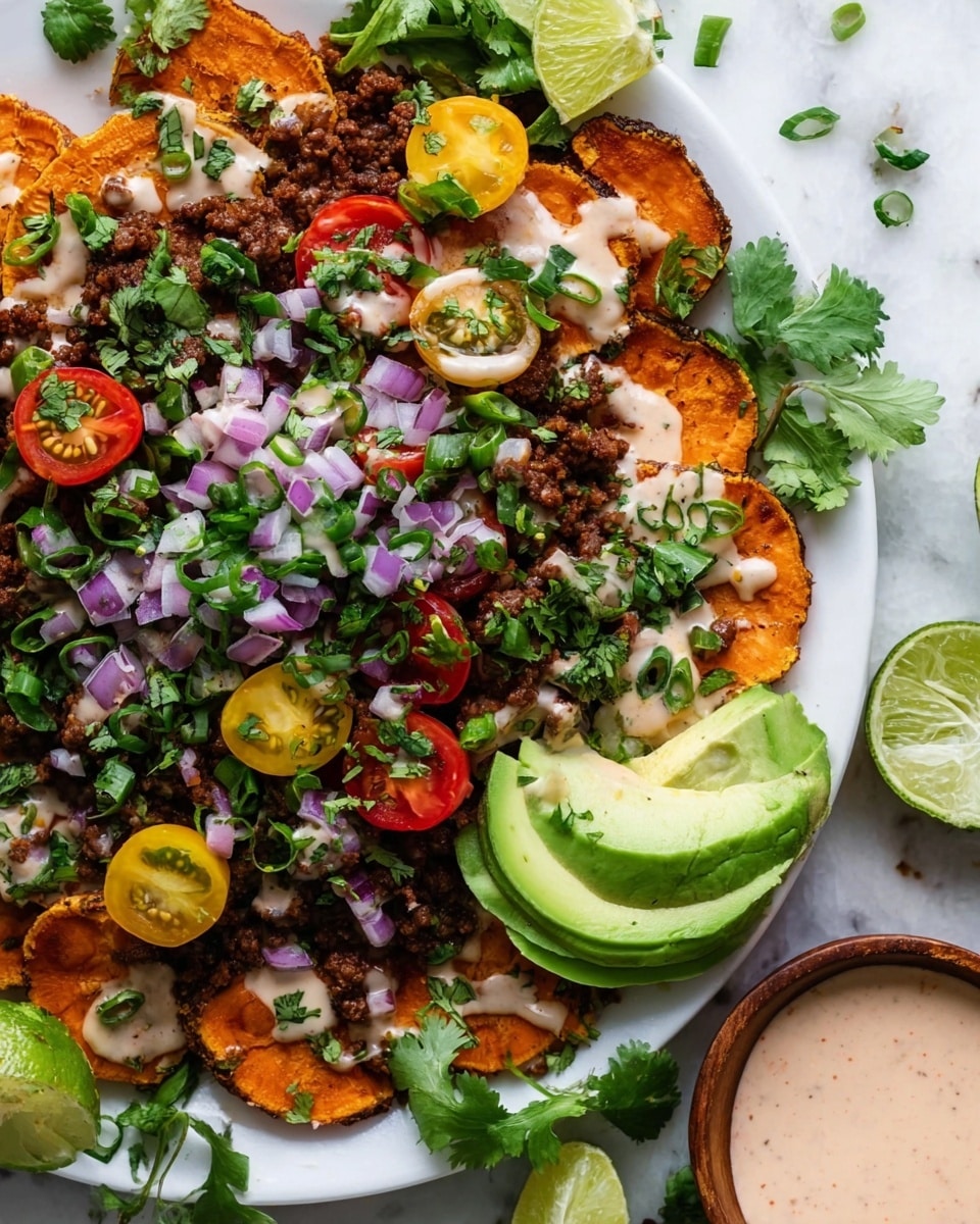 The dish shows a white plate filled with several layers starting with crispy orange sweet potato rounds spread across the plate. On top, there is a layer of dark brown cooked ground meat. Over the meat, there are finely chopped purple onions mixed with chopped green spring onions, creating a textured look. Red and yellow cherry tomato halves are scattered on top, adding bright pops of color. Slices of light green avocado fanned out lie to one side, partially covered with a pale creamy sauce drizzled throughout the dish. Fresh green cilantro leaves are placed generously on the top. There are also a few lime wedges on the edges of the plate. To the right, a wooden bowl with pale pink creamy sauce and sprinkled green herbs is visible on a white marbled surface. photo taken with an iphone --ar 4:5 --v 7