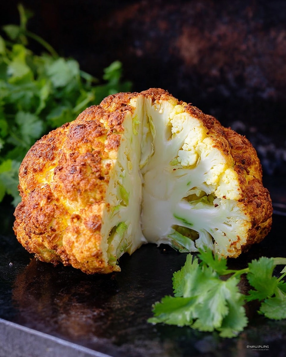 A whole roasted cauliflower cut in half sits on a black surface, showing three main layers: the outer crispy golden-brown crust with a rough texture, the middle soft yellowish layer just beneath the crust, and the inner white core with the cauliflower florets exposed in a dense and slightly crumbly texture. A sprig of green cilantro is placed near the base on the right side, while more cilantro leaves appear blurred in the background at left. The backdrop is dark, contrasting with the bright cauliflower. photo taken with an iphone --ar 4:5 --v 7