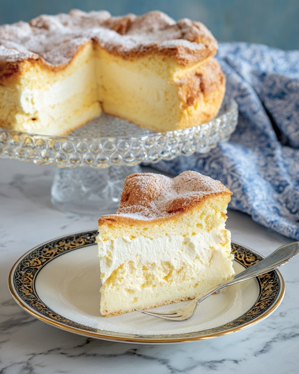 The image shows a creamy cake with two thick, soft pale yellow layers separated by a fluffy, light filling in the middle. The cake has a slightly browned, thin crust on top and at the bottom that looks soft and slightly wrinkled. One slice of the cake is placed on a white plate with a gold and black patterned rim, accompanied by a small silver fork. The rest of the cake is on a clear glass cake stand with a decorative edge. The surface underneath is a white marbled texture, and a blue patterned cloth is softly folded in the background. photo taken with an iphone --ar 4:5 --v 7