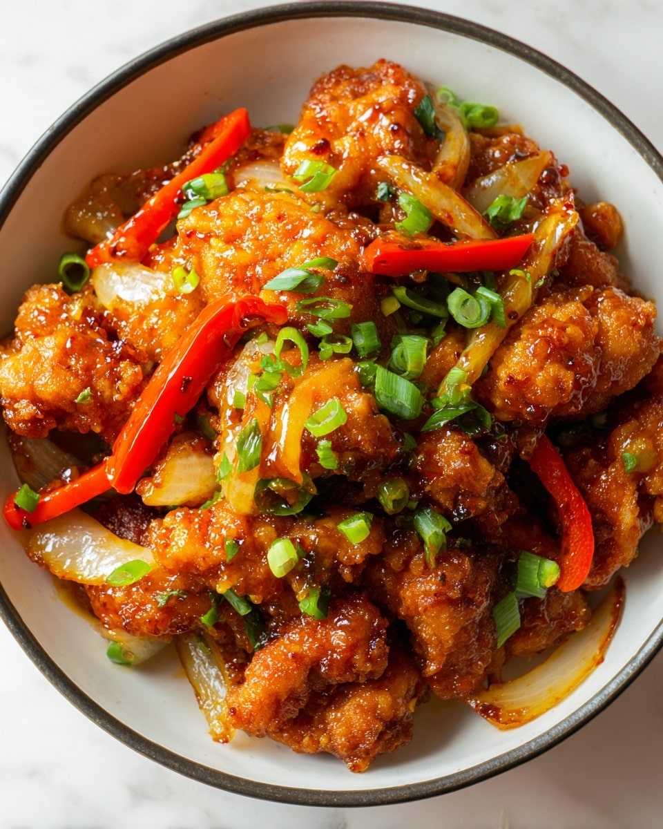 A close-up view of crispy chicken pieces coated in a shiny, thick orange-red sauce, piled high on a white plate with a blue paint stroke design on one side. The chicken pieces are golden brown with a slightly crunchy texture underneath the glossy sauce, which looks sticky and rich. Scattered on top and around the chicken are bright green slices of scallions, adding a fresh pop of color. The plate is set on a white marbled surface. photo taken with an iphone --ar 4:5 --v 7
