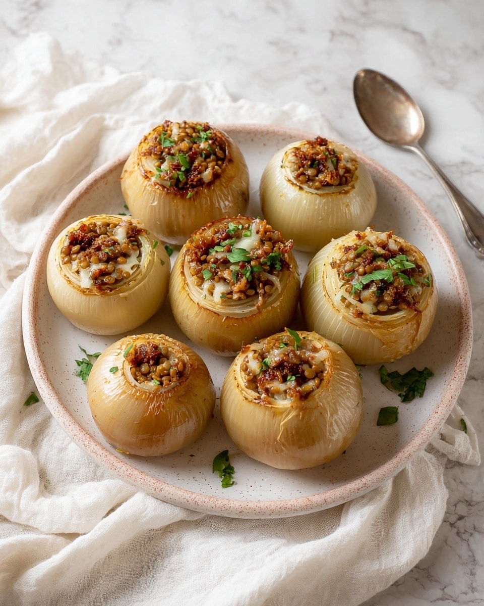 Six cooked onions with a light golden-brown color form a circle on a white plate with a slightly pinkish speckled pattern. Each onion has its top cut off and is filled with a mixture of small brown lentils, chopped nuts, and bits of sun-dried tomatoes, all topped with finely chopped green herbs. Some white melted cheese is visible inside two of the onions, adding a creamy texture. The plate rests on a white marbled surface with a crumpled white cloth partially underneath it, and a silver spoon lies next to the plate. Photo taken with an iphone --ar 4:5 --v 7