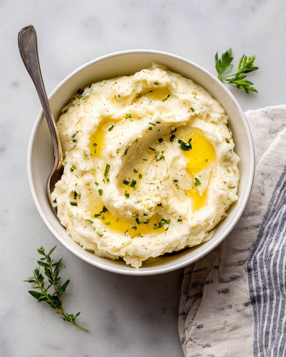 A white bowl filled with creamy mashed potatoes that have a smooth, slightly lumpy texture, topped with a light drizzle of golden olive oil and sprinkled with small green parsley bits. The mashed potatoes are softly swirled, creating gentle peaks and valleys on the surface. The bowl sits on a white marbled surface next to a silver spoon and a neatly folded striped cloth napkin with a few fresh green parsley leaves beside it. photo taken with an iphone --ar 4:5 --v 7