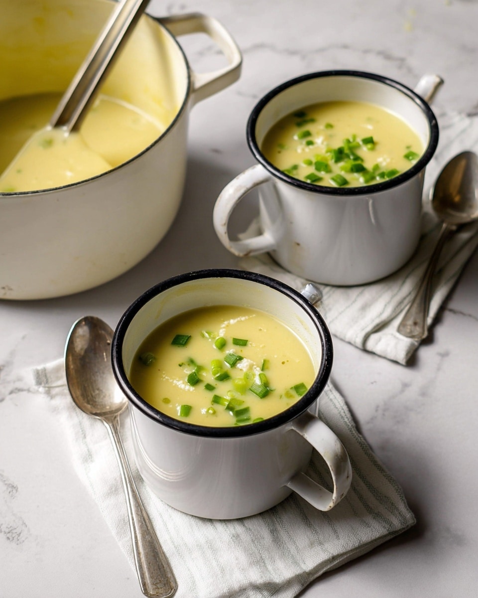 A white pot filled with thick, creamy pale yellow soup sits on a white marbled surface, with a metal ladle resting inside, coated in the soup. To the right, two white enamel mugs with black rims are placed on a folded light gray and white checkered cloth; each mug contains the same pale yellow soup topped with small green and light yellow chopped vegetable pieces. Both mugs have small metal spoons inside them. At the bottom left corner, two fresh green and white leeks lie on the white marbled surface. The scene is softly lit, showing smooth textures of the soup and fresh vegetables, arranged in a cozy, inviting way. photo taken with an iphone --ar 4:5 --v 7