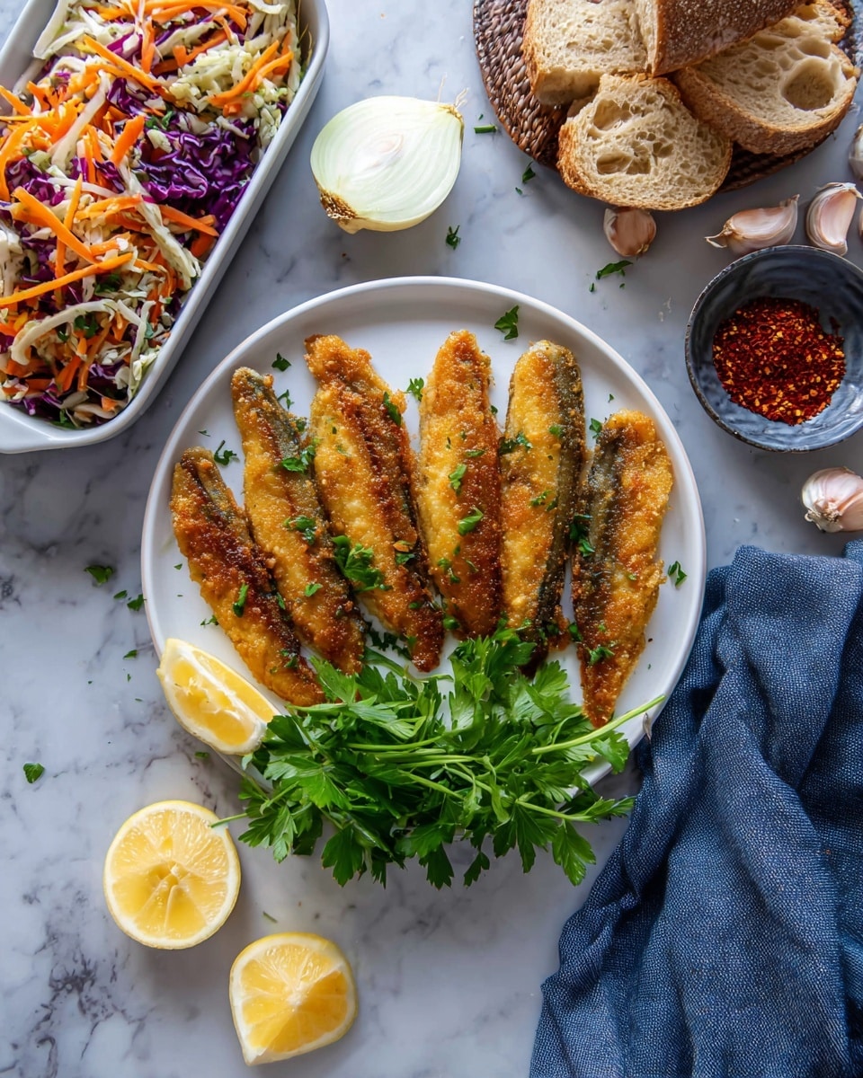 A white round plate holds seven golden-brown fried fish fillets arranged in a neat row across the center. The fish is garnished with small green parsley leaves. At the bottom of the plate, there is a cluster of fresh green parsley and two lemon wedges with bright yellow flesh on the left side. To the right of the parsley, an onion bulb cut in half shows white layers inside. Beside the plate, there is a white rectangular dish filled with a colorful salad made of shredded orange carrots, purple cabbage, and green lettuce. Pieces of torn bread and a small white bowl with red spices are scattered on the white marbled surface. A blue-gray cloth rests at the lower right corner and some onion halves are positioned on the right. photo taken with an iphone --ar 4:5 --v 7