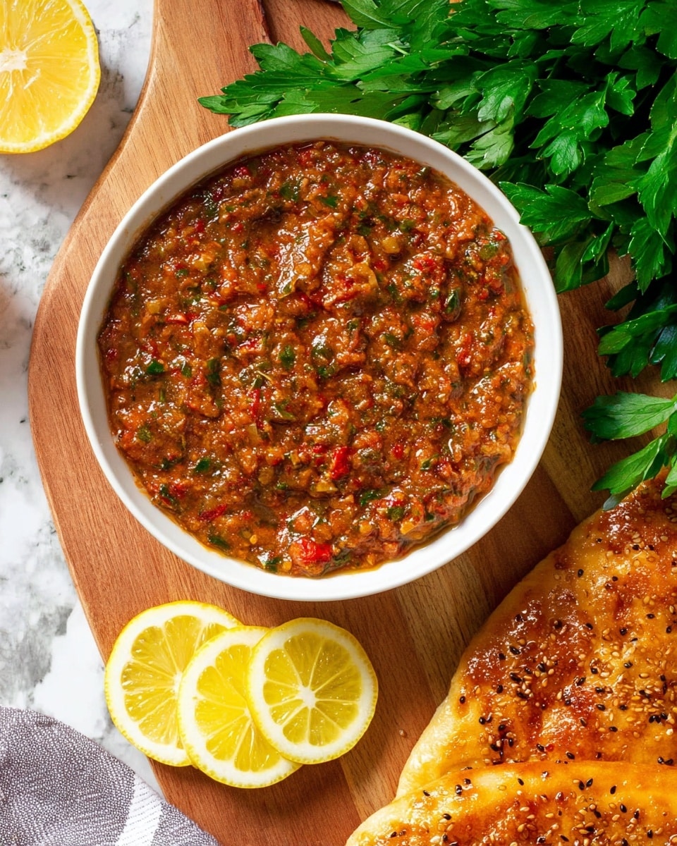 A white bowl sits on a wooden board, filled with a chunky, textured tomato-based sauce that has visible small pieces of red and green herbs spread evenly throughout. To the right of the bowl, there is a bunch of fresh green parsley with broad leaves, and at the bottom right corner, a golden brown sesame seed flatbread shows a shiny, crispy crust. On the wooden board below the bowl, three bright yellow lemon slices arranged in a small stack are sprinkled with tiny bits of green herbs. A grey and white striped cloth is partially visible at the bottom edge of the scene. The surface beneath everything is a white marbled texture. Photo taken with an iphone --ar 4:5 --v 7