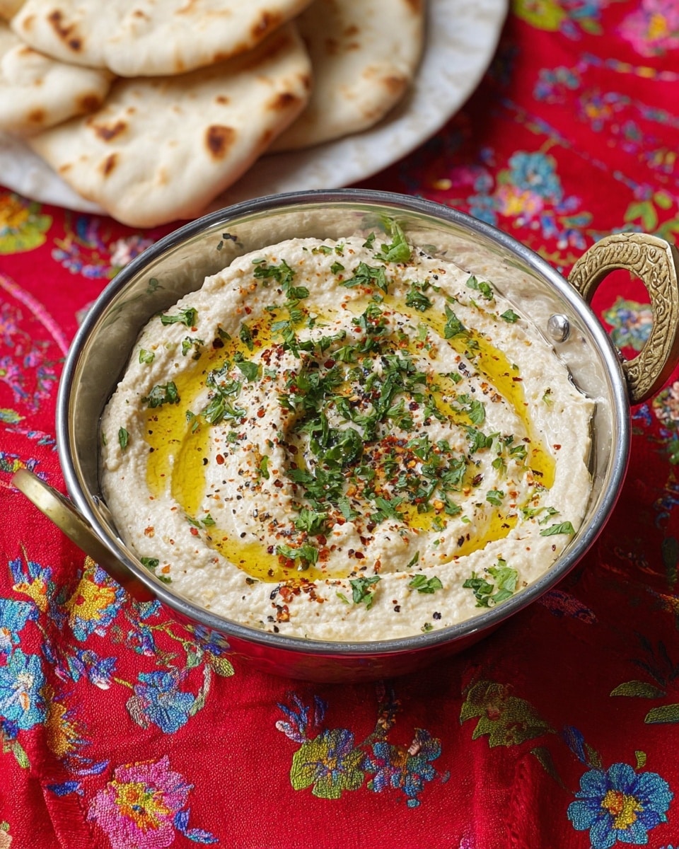A shiny silver bowl with two handles holds a single creamy beige layer of thick, slightly textured dip. The dip's top surface is swirled and dimpled, covered with a thin layer of yellow olive oil, and topped with chopped green herbs, cracked black pepper, and crushed red pepper flakes scattered over its surface. Around the bowl, there are pieces of light golden-brown flatbread resting on a bright red cloth with colorful small flower patterns and a white marbled surface. Photo taken with an iphone --ar 4:5 --v 7