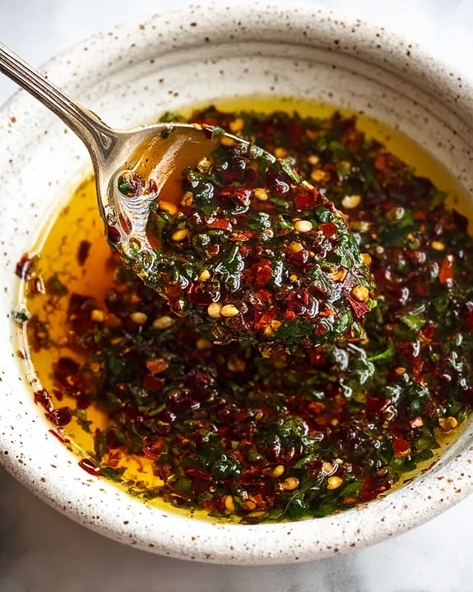 A close-up image of a white speckled bowl filled with a mixture of oil and finely chopped herbs and spices. The mixture shows layers of dark green herbs, deep red crushed chili flakes, and golden oil with a shiny, oily surface. A silver spoon lifts a spoonful of the mixture, capturing the blend of colors and textures, with visible small seeds and bits of chili. The bowl sits on a white marbled surface, adding a clean and bright backdrop to the rich colors in the dish. photo taken with an iphone --ar 4:5 --v 7