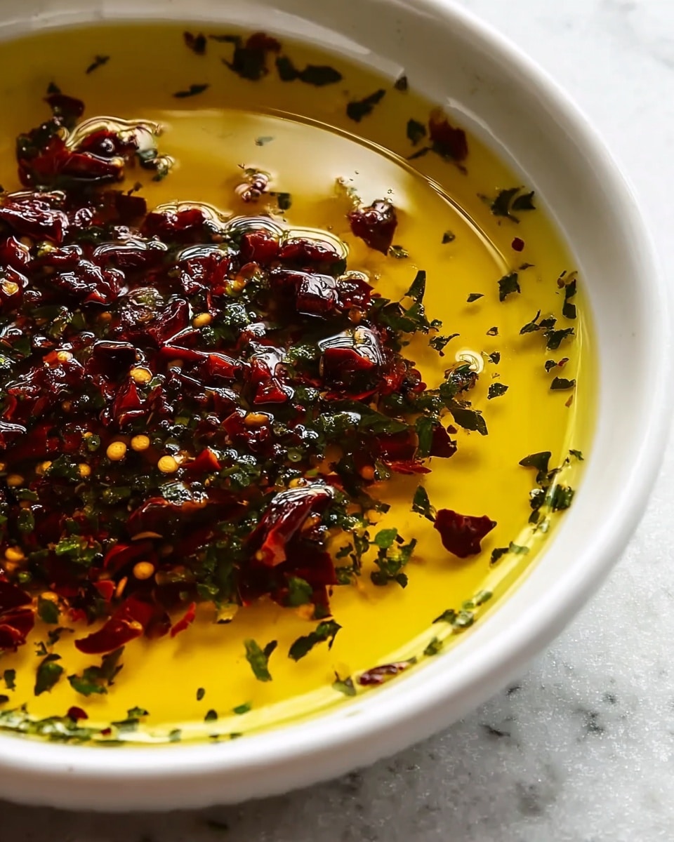 A close-up of a white bowl showing two main layers: the first layer is a smooth, shiny, golden yellow oil base, and the second layer on top consists of small, dark red dried chili pieces mixed with green herb flakes, scattered evenly with some chili seeds visible. The bowl edge has small green herb specks, and the bowl sits on a white marbled surface with subtle gray veins. The lighting makes the oil glisten, giving a fresh, glossy texture to the chili and oil mixture photo taken with an iphone --ar 4:5 --v 7