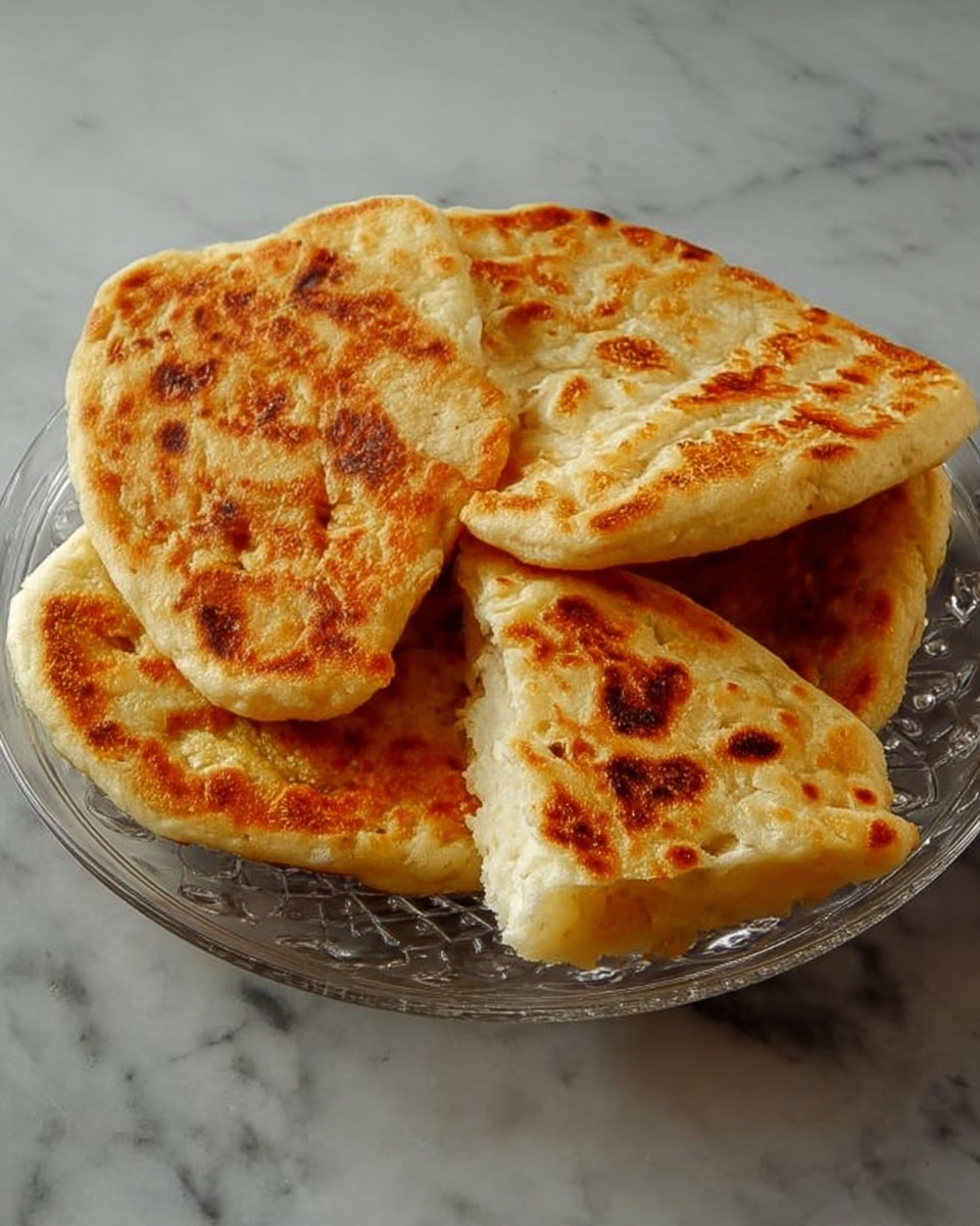 A clear glass plate filled with five pieces of golden-brown flatbread with a slightly crispy surface; the bread is thick with a soft interior visible in one quarter piece placed in front, showing a pale beige inside and a crunchy golden outside. The flatbreads are puck-shaped with some irregular edges and spots of darker brown where they have been cooked. This is set on a white marbled surface. photo taken with an iphone --ar 4:5 --v 7
